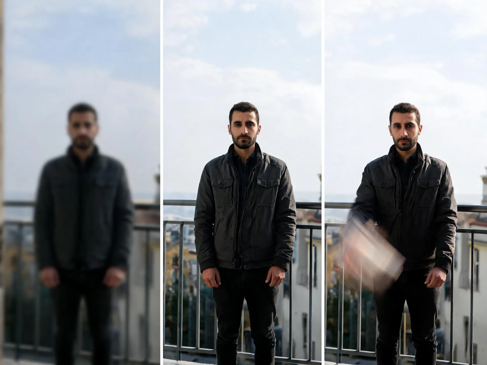 Tres fotogramas de un mismo clip: blando y de baja resolución, después reconstruido nítido, y después un fotograma cuyo desenfoque de movimiento de la toma original sigue ahí