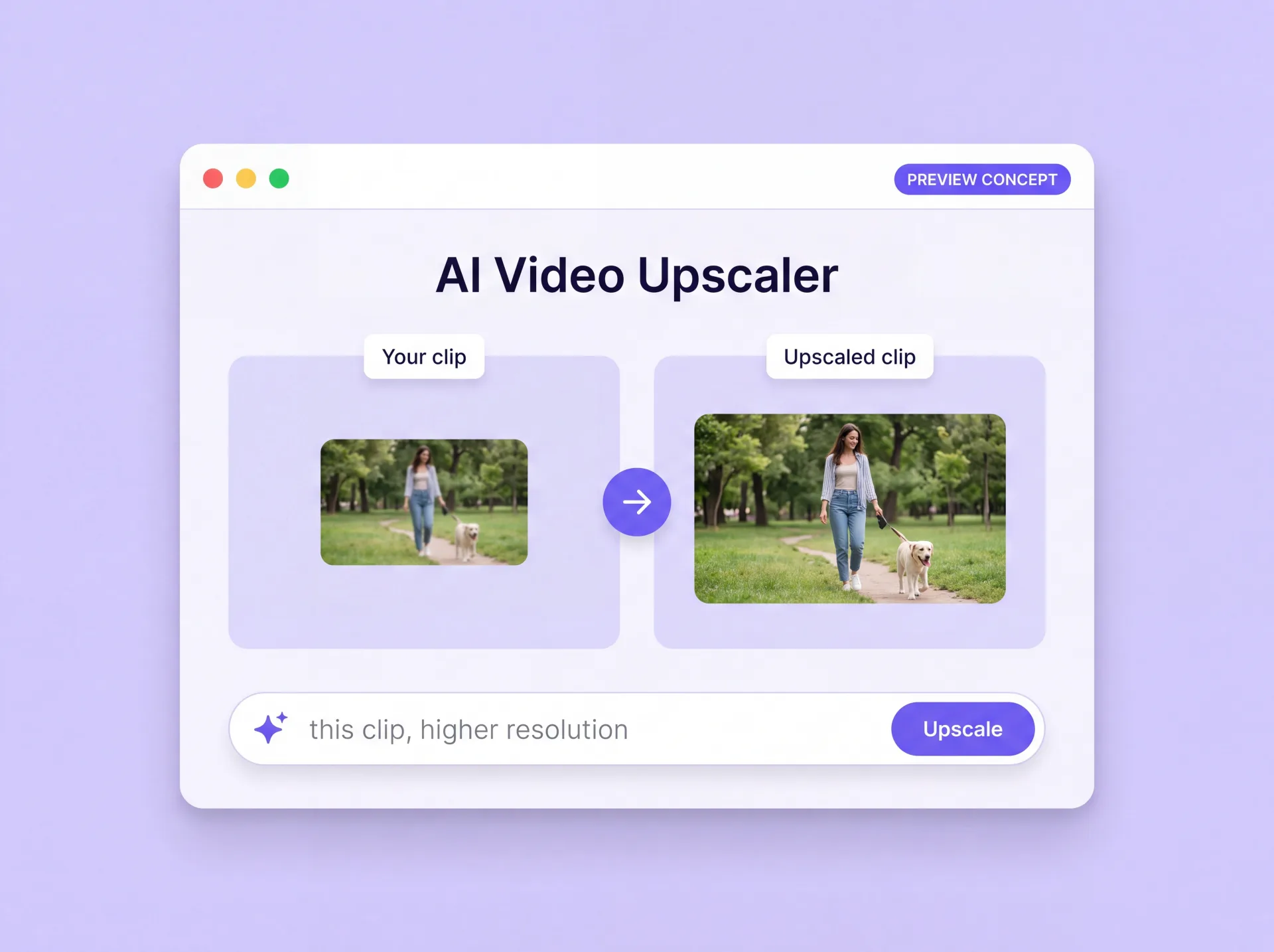 Concepto del escalador de vídeo con IA de ZenCreator: tu clip a la izquierda y el clip escalado a la derecha