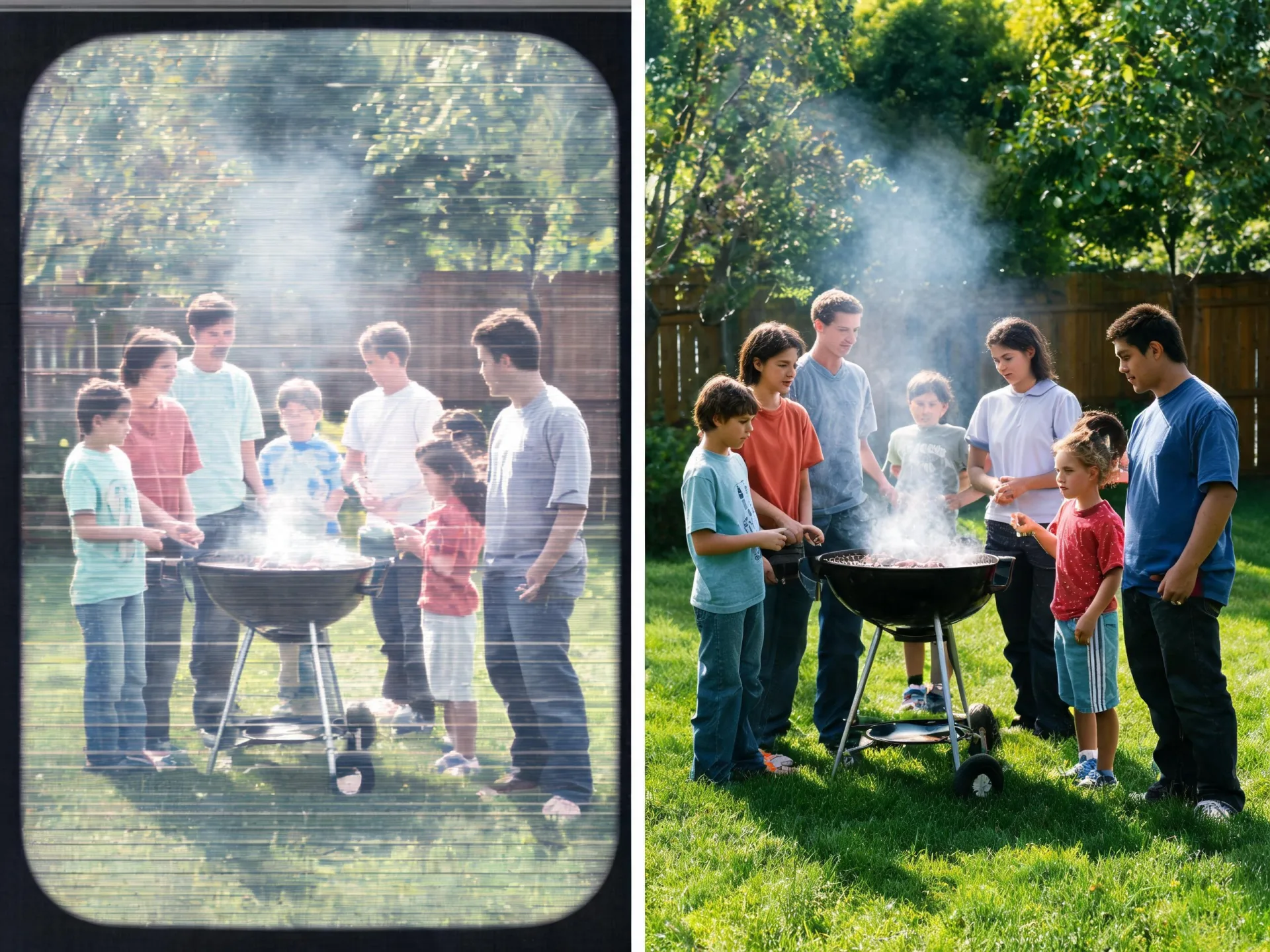 Un fotograma de videocámara antigua de una barbacoa en el jardín junto al mismo momento reconstruido como un fotograma moderno y limpio