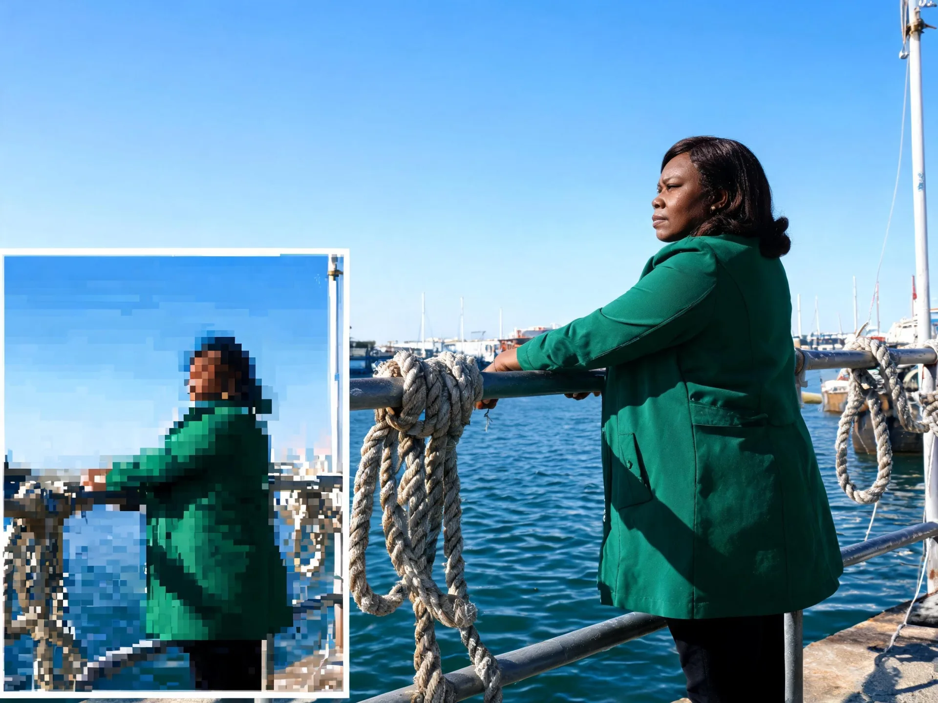 Un fotograma nítido de un puerto con un recuadro en la esquina que muestra la misma zona arruinada por bloques de compresión y bandeado