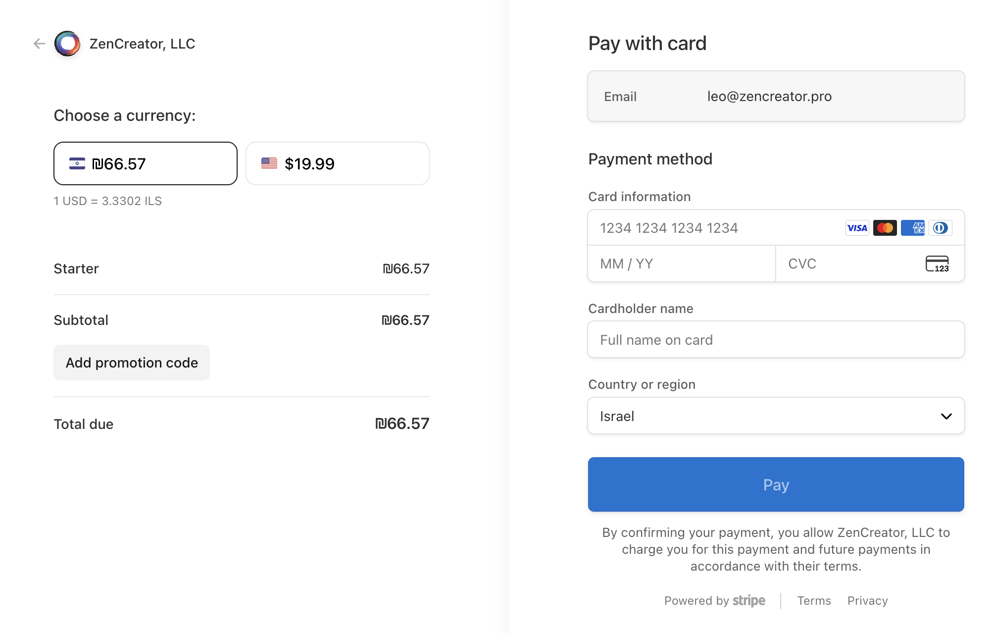 Card payment form