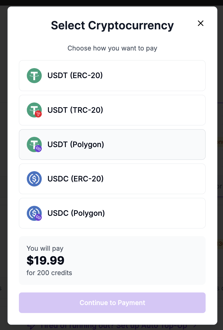 Crypto coin and network selection