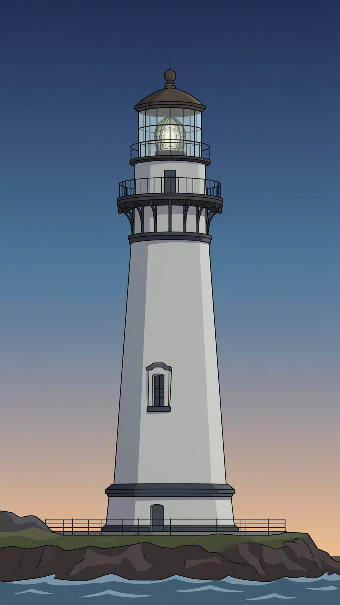The same lighthouse on a cliff at dusk as a flat illustration