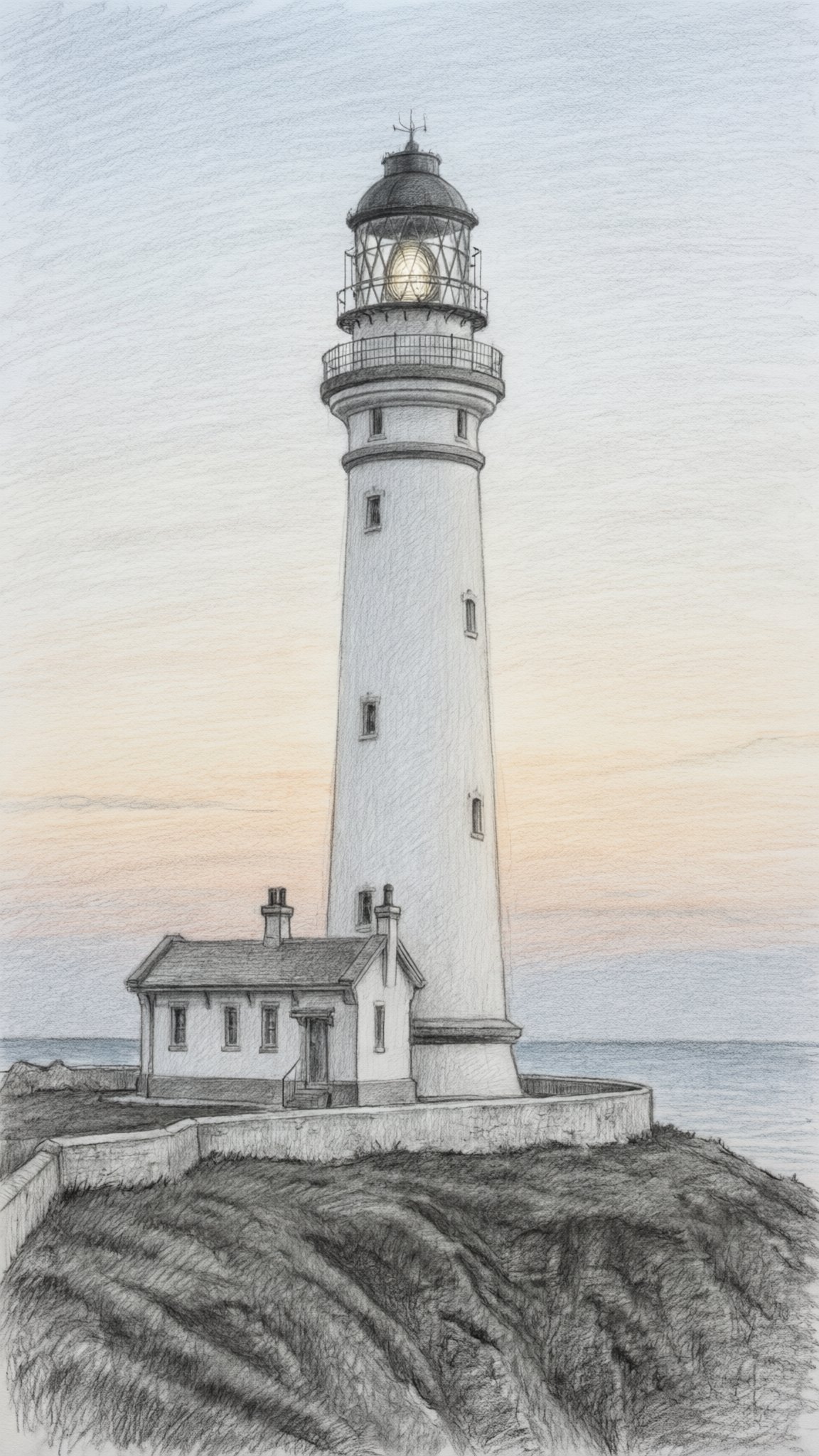 One lighthouse on a cliff at dusk shown in four art styles: pencil sketch, watercolor, flat illustration and concept art