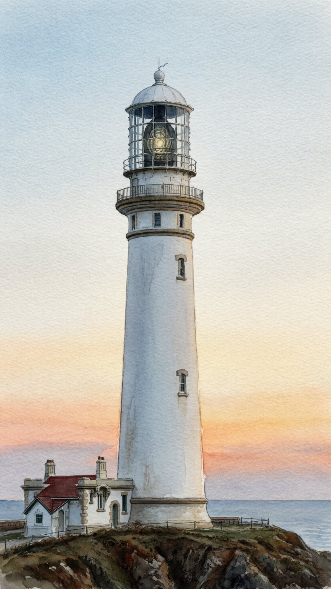 The same lighthouse on a cliff at dusk as a watercolor