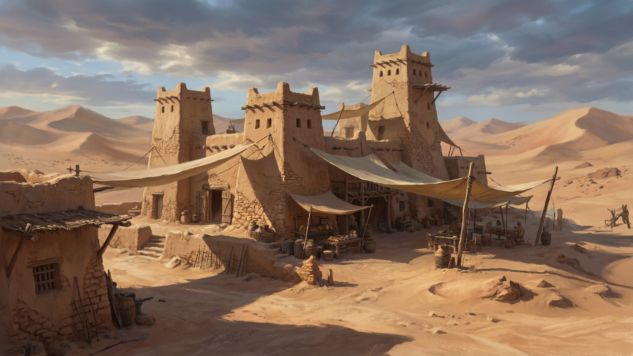 Three concept art variations of a desert outpost for a game