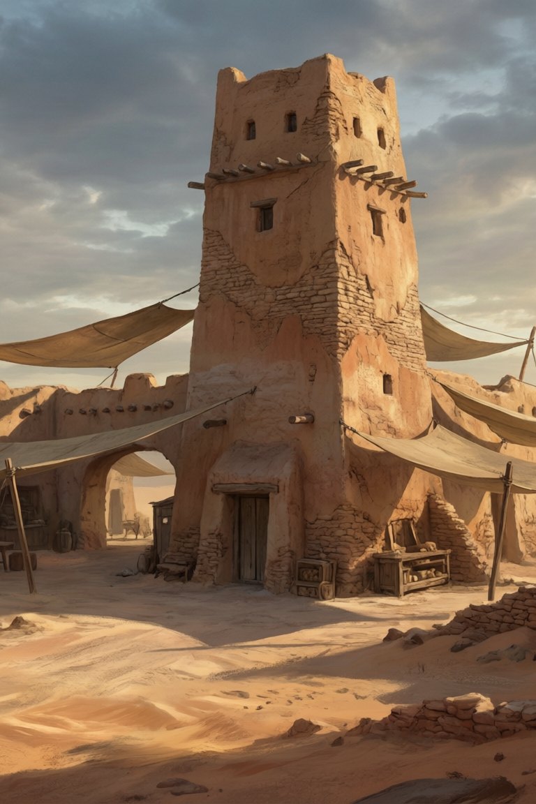 Second concept art take of the desert outpost from the same run