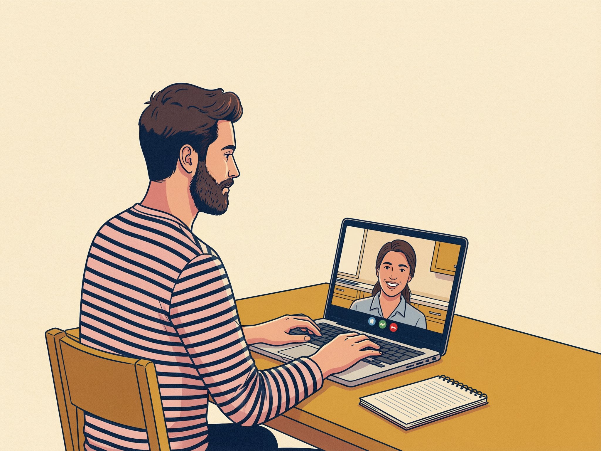 Blog header illustration about remote work in a flat, limited palette