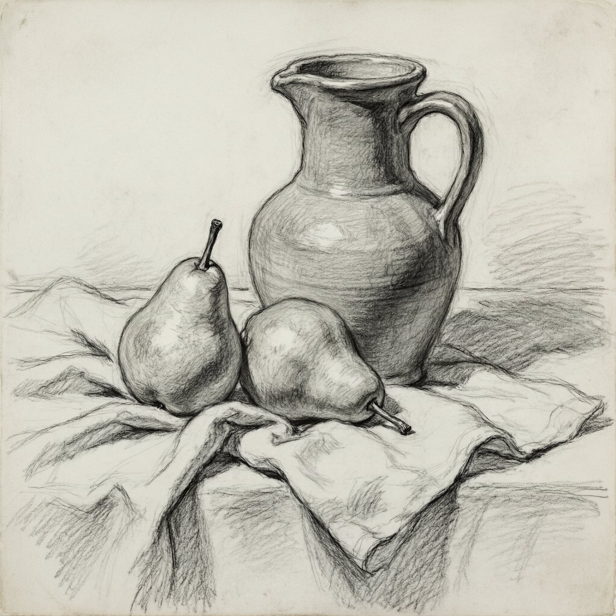 Four quick composition sketches of a still life in charcoal, ink and watercolor