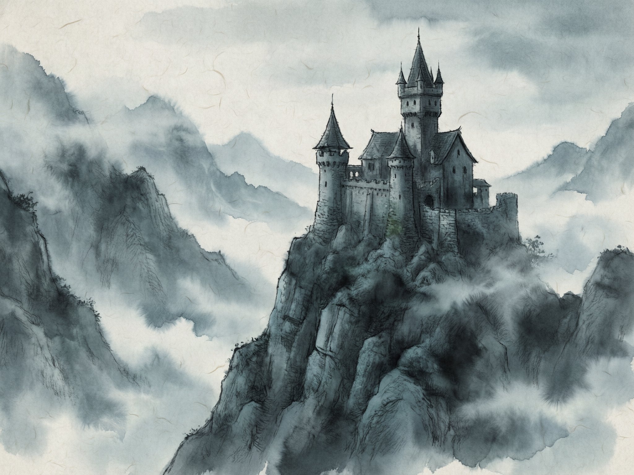 Three versions of a fantasy castle in ink-and-wash style, generated from one text prompt