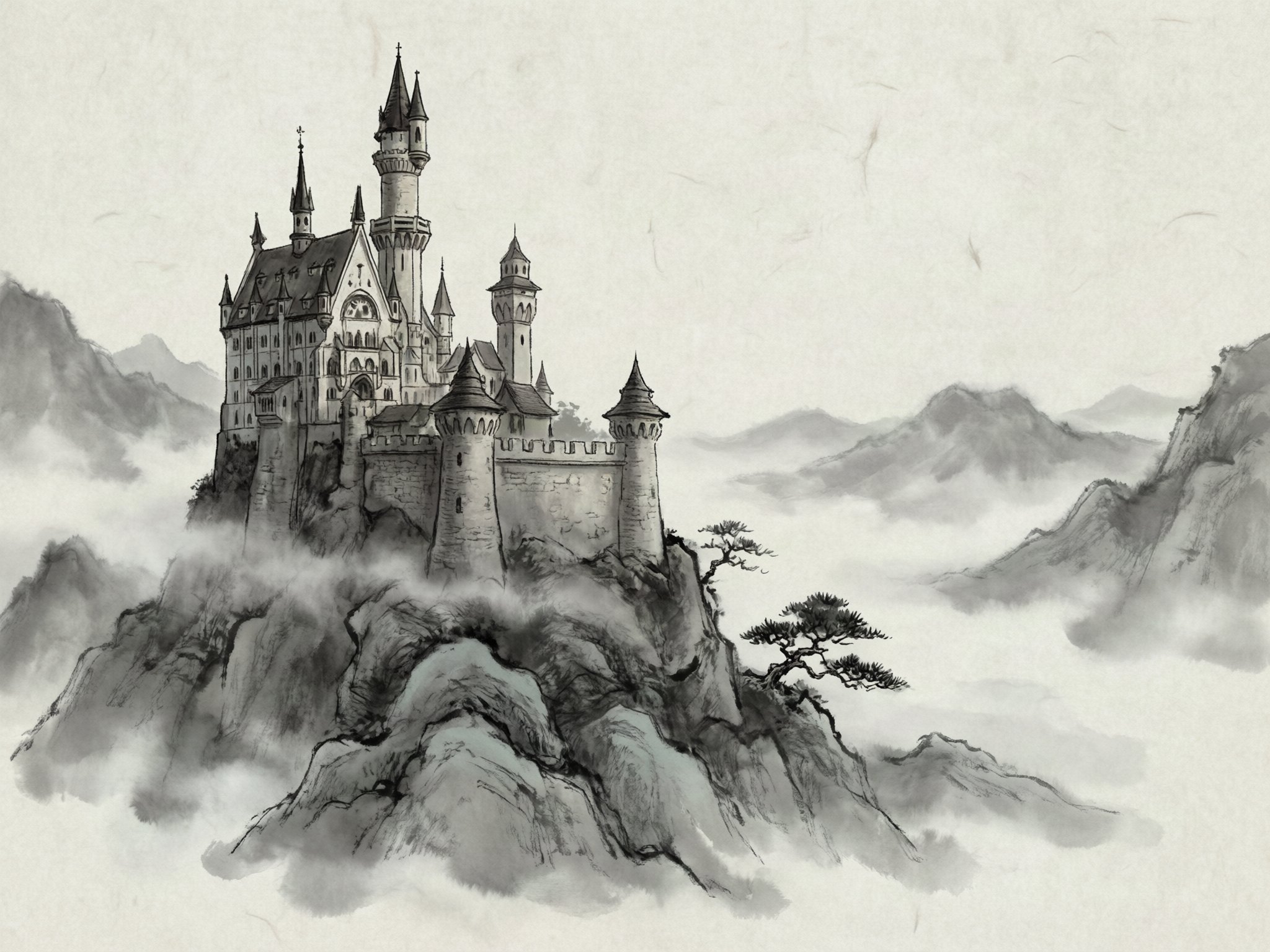 Second take of the ink-and-wash fantasy castle from the same run