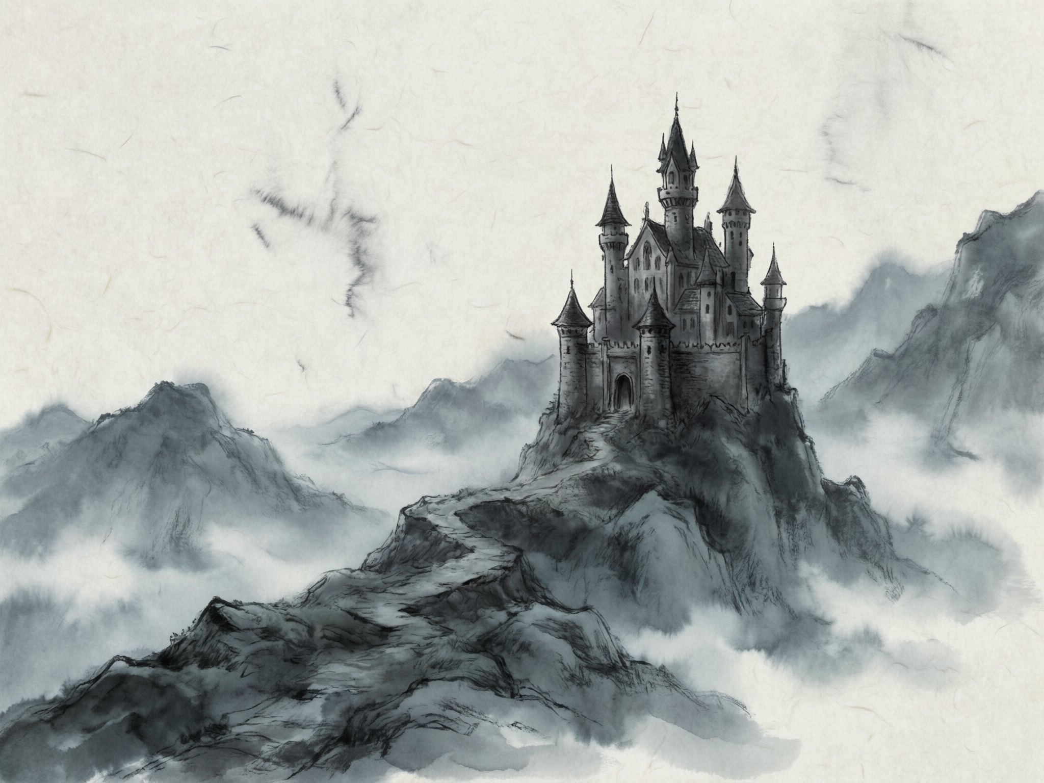 Third take of the ink-and-wash fantasy castle from the same run