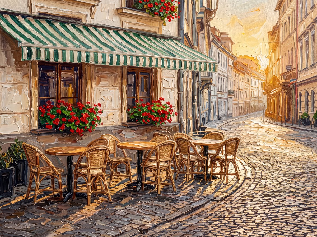 A street café photo next to the same scene restyled as an oil painting