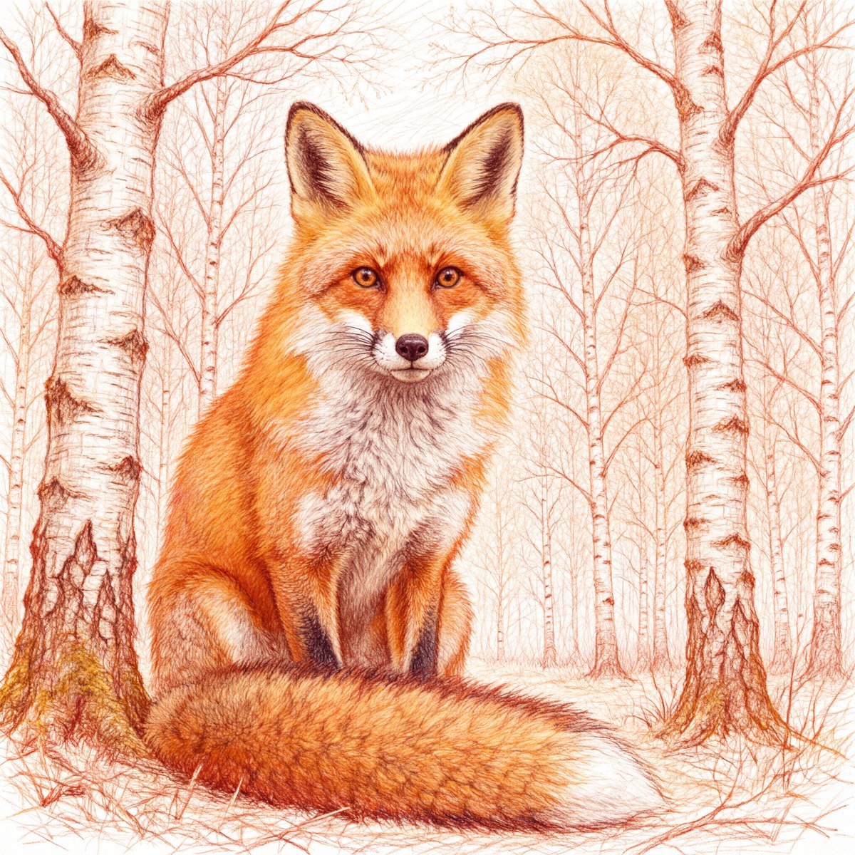 Pencil line drawing of a red fox in a birch forest with fine cross-hatching