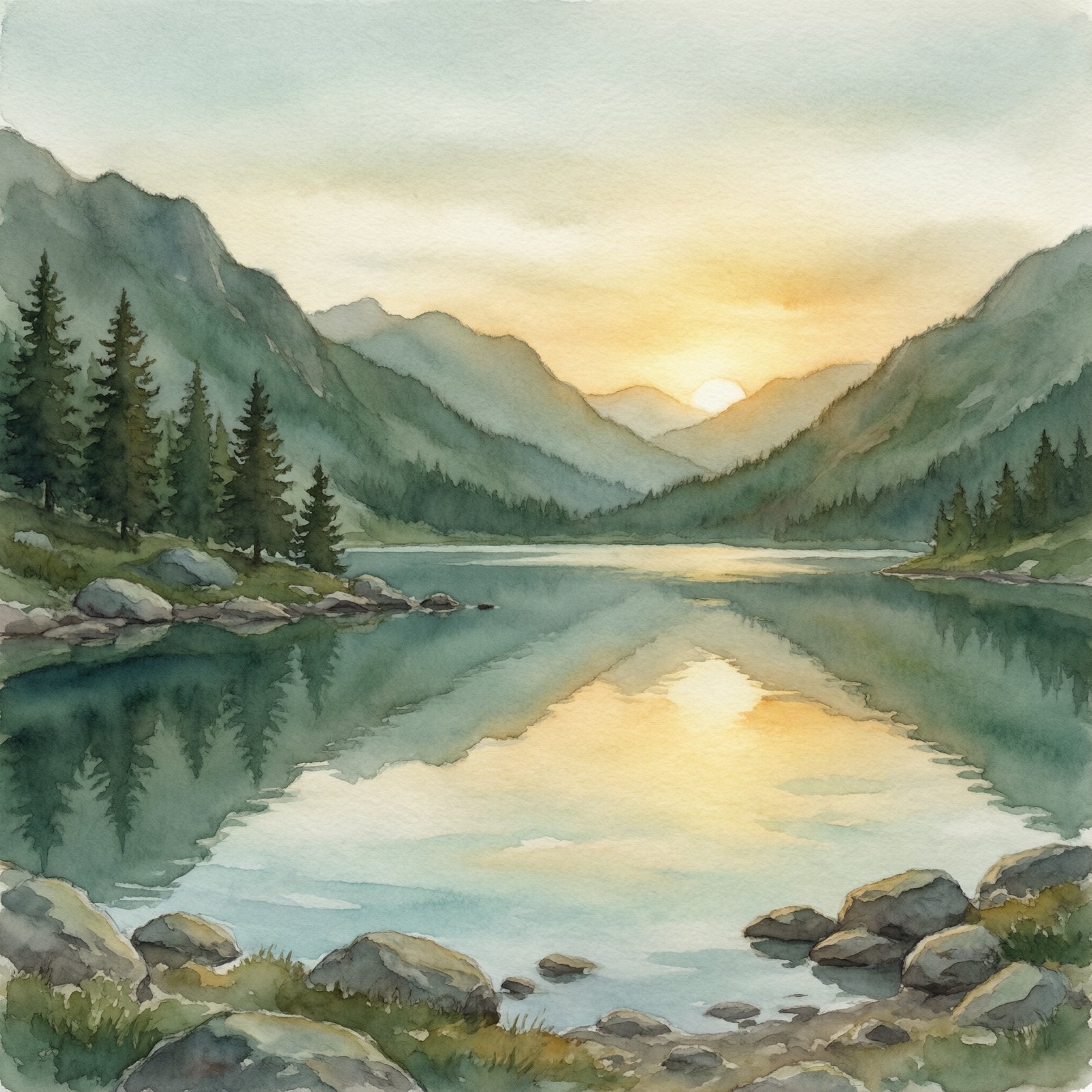 Watercolor painting of a mountain lake at sunrise in muted greens and golds