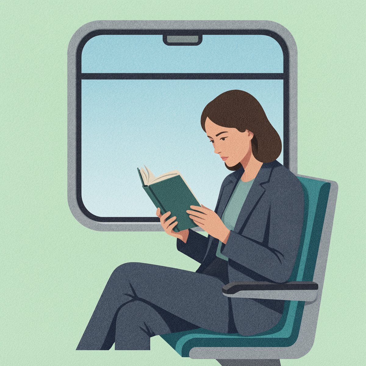 Flat editorial illustration of a commuter reading a book on a train