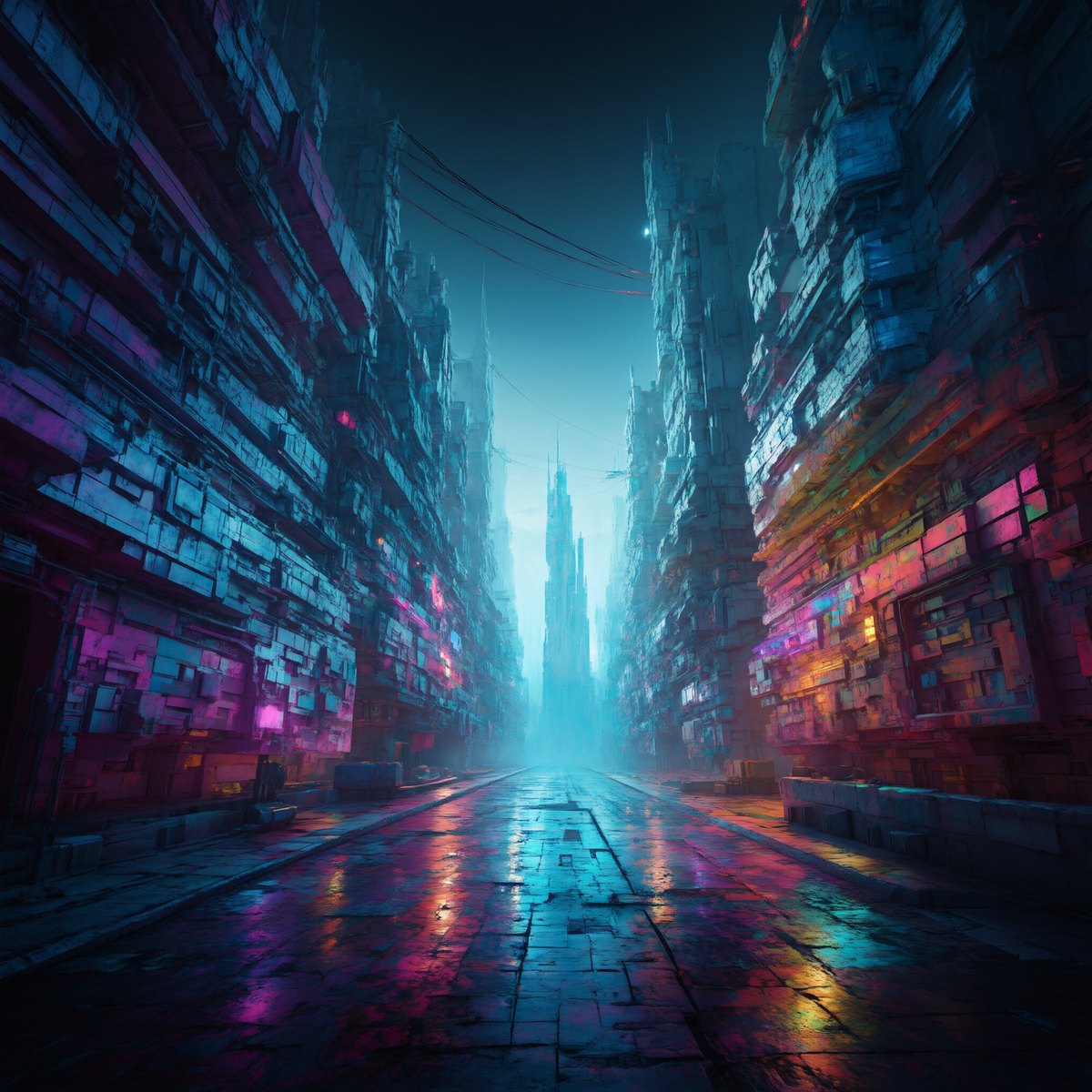 Colorful digital artwork of a futuristic city at night with neon reflections on wet streets