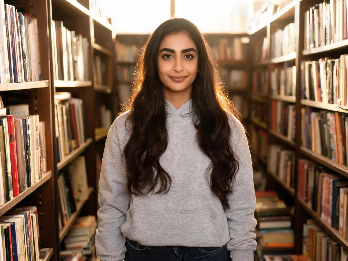 Woman in a grey hoodie in a bookshop aisle — the photo before the clothing change