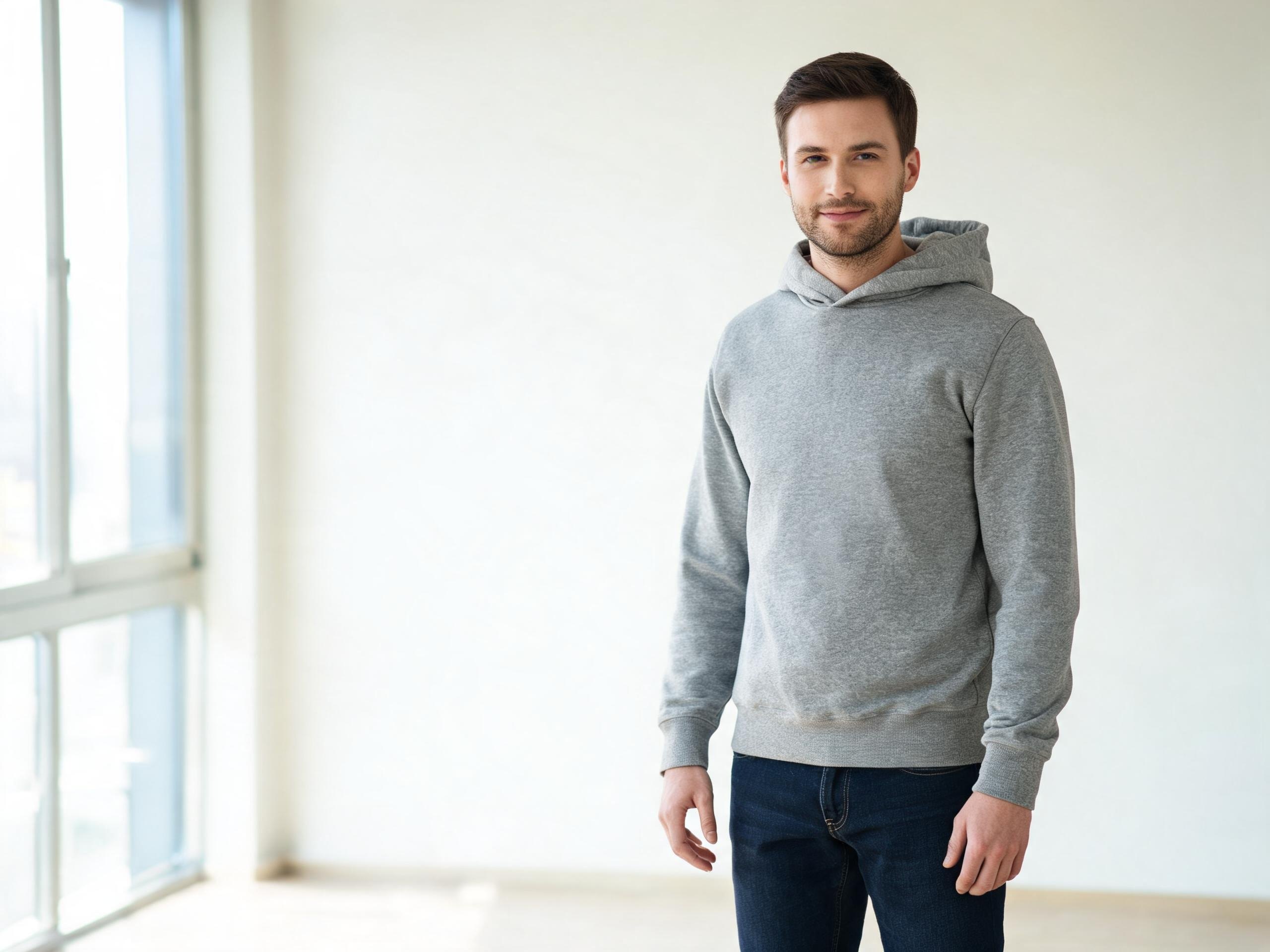 His own photo before the preview — grey hoodie in a bright loft