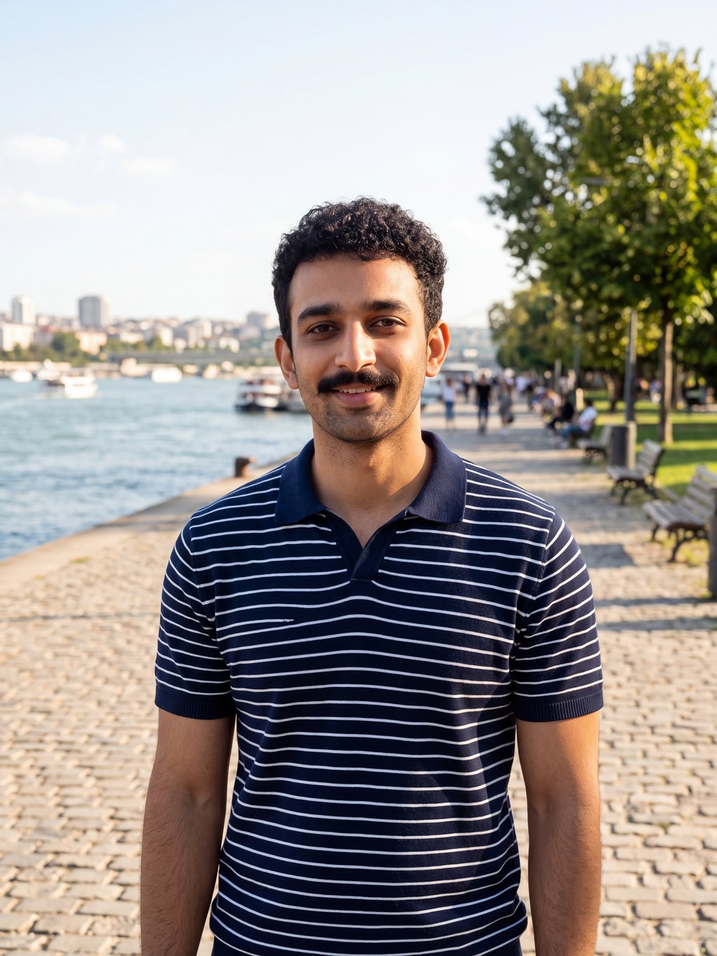The same character in a striped polo on a riverside promenade