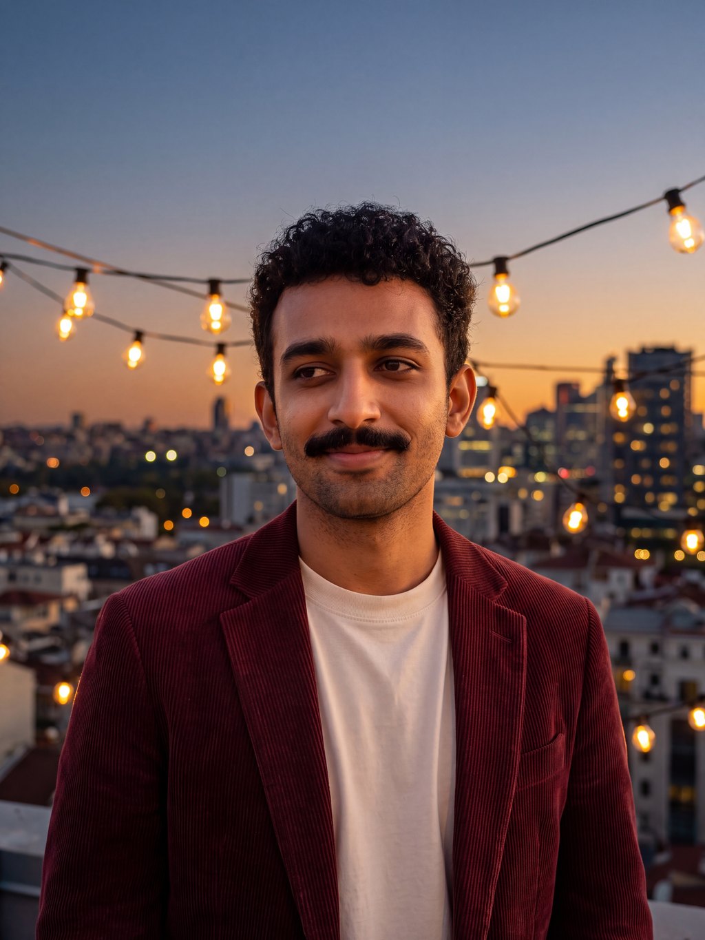 The same character in a burgundy corduroy blazer on a rooftop at dusk