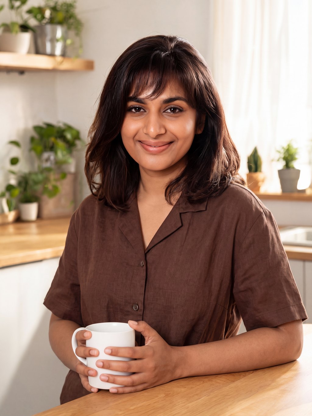 The same ad scene in a casual brown shirt
