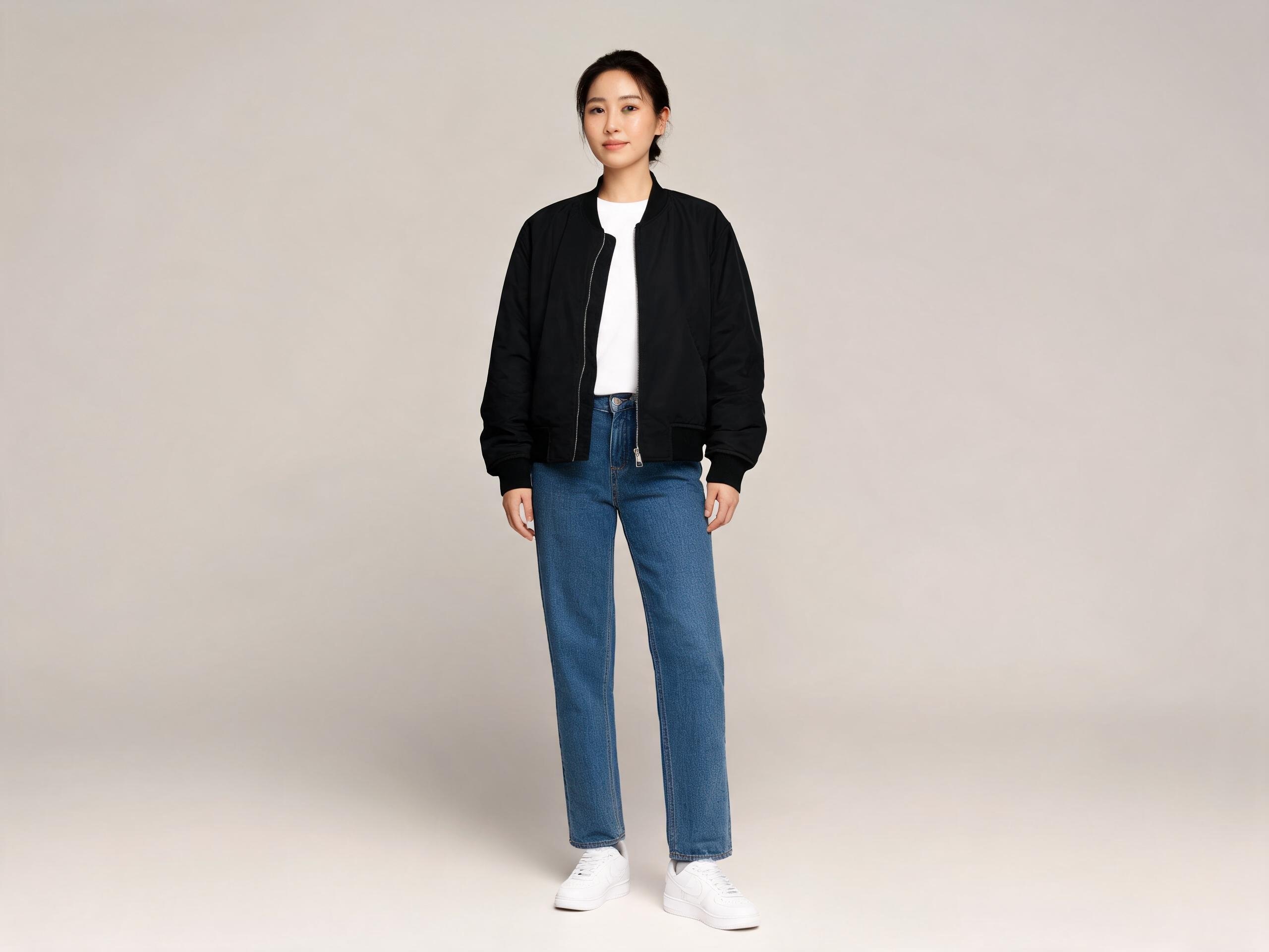 Person in the source photo — woman in a black bomber jacket