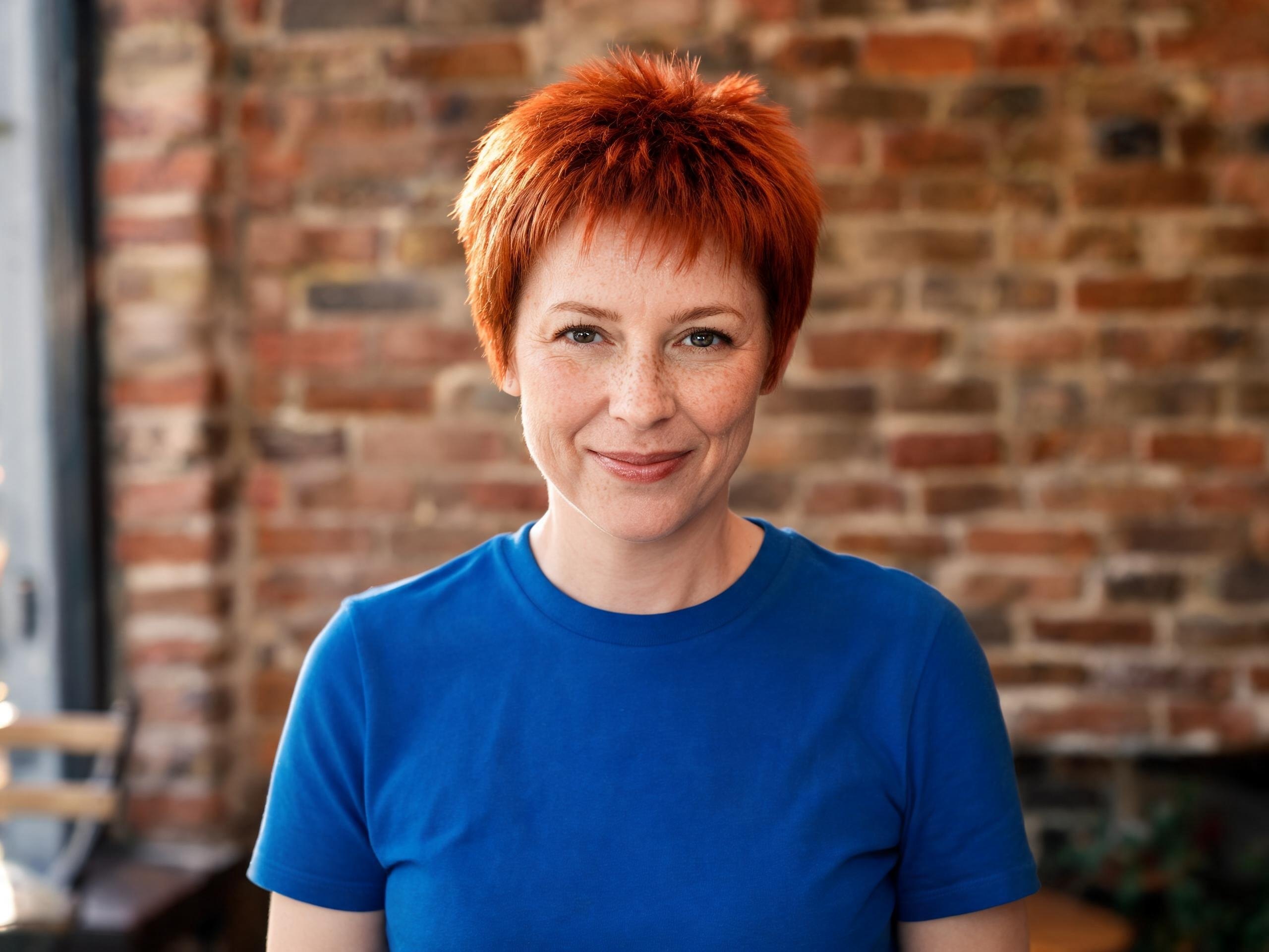 Source photo — woman in a cobalt-blue T-shirt by a brick wall