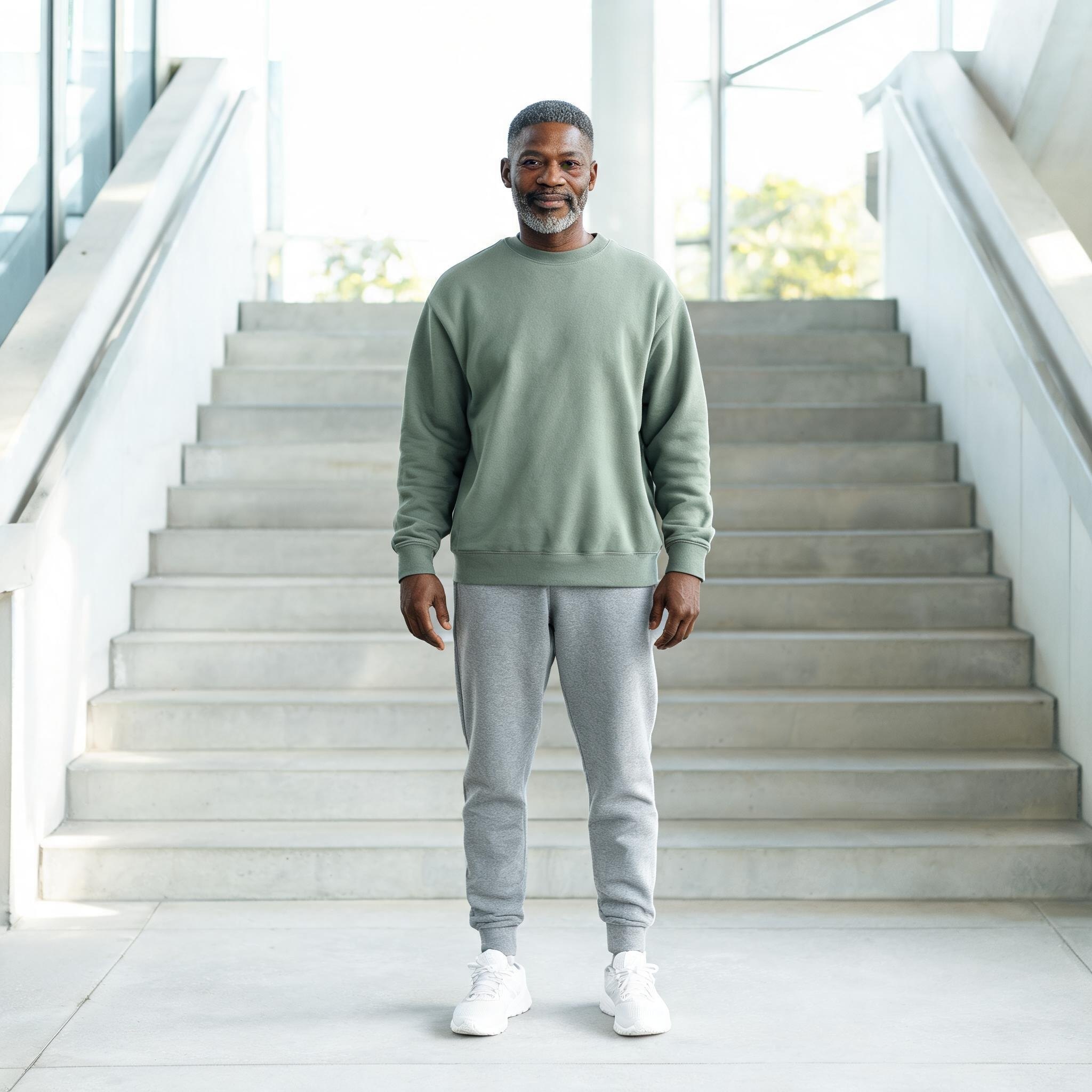 Man in a casual sweatshirt and joggers on a concrete staircase