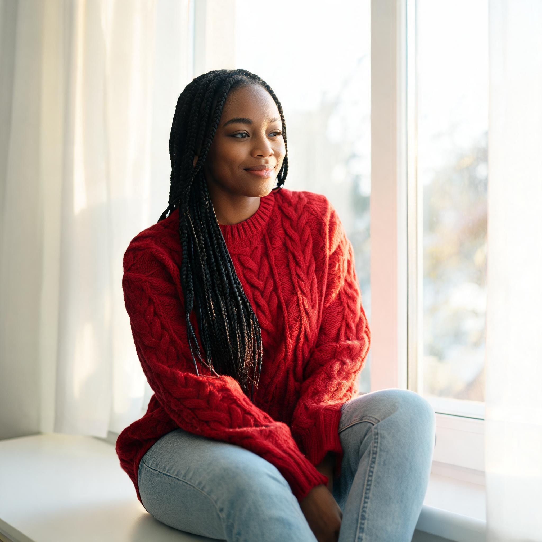 Woman in a red cable-knit sweater on a window sill