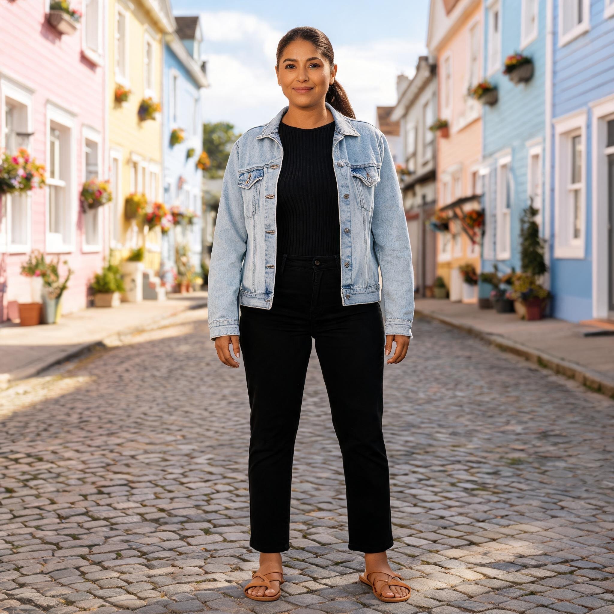 Woman in a denim jacket and black trousers on a cobblestone street