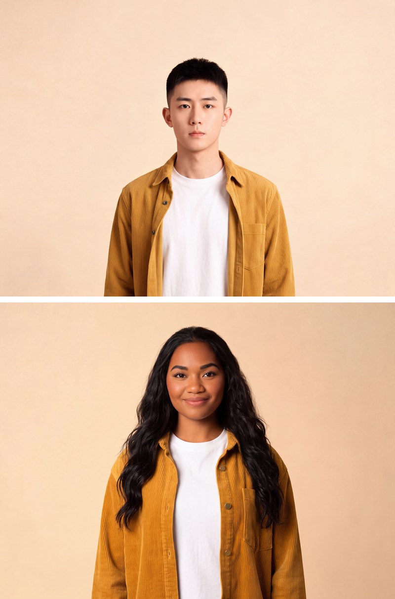 Both photos edited with the same prompt in one Batch Mode run: a mustard corduroy overshirt over a white T-shirt
