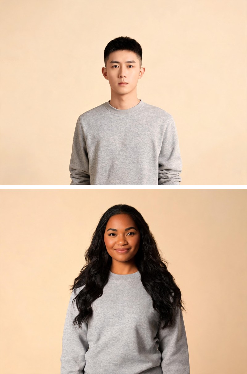 Two catalog photos of different models in grey sweatshirts, uploaded together for Batch Mode