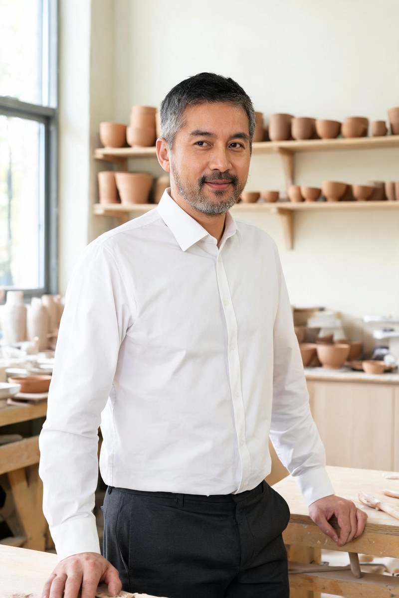 Man in a plain white shirt at a workbench in a ceramics studio
