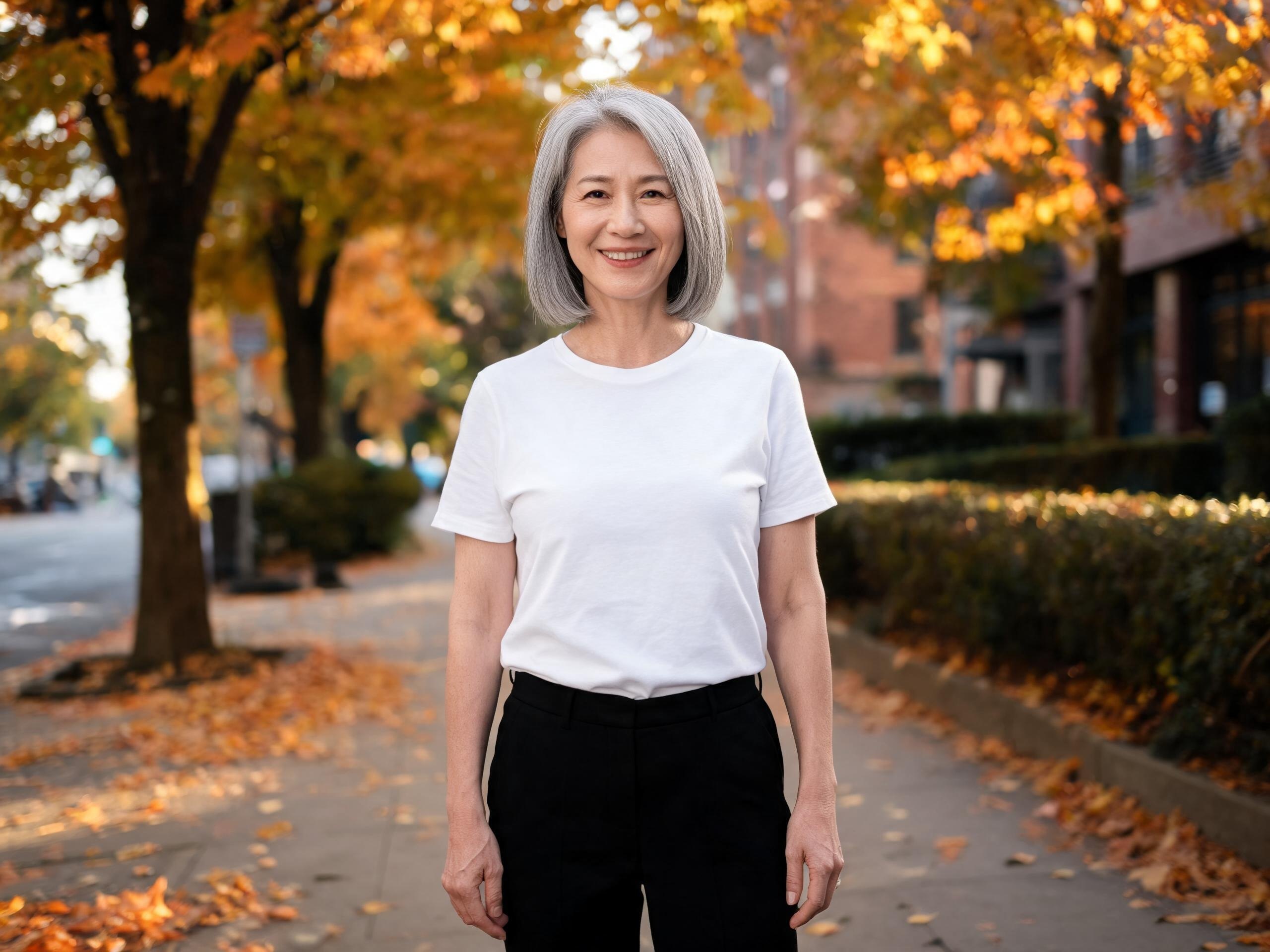 Woman with a silver bob in a plain white T-shirt on an autumn street