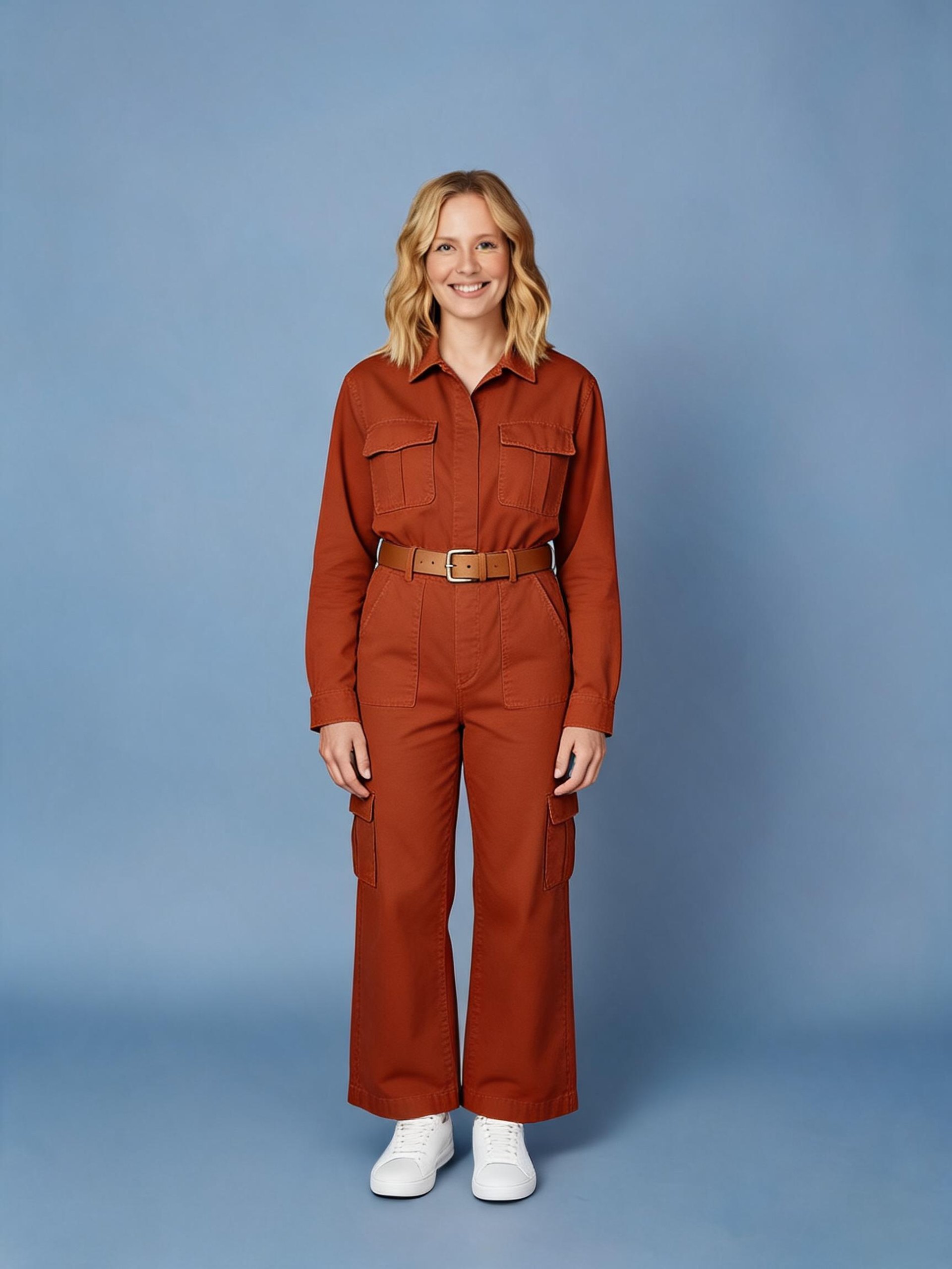 The same model in a rust utility jumpsuit