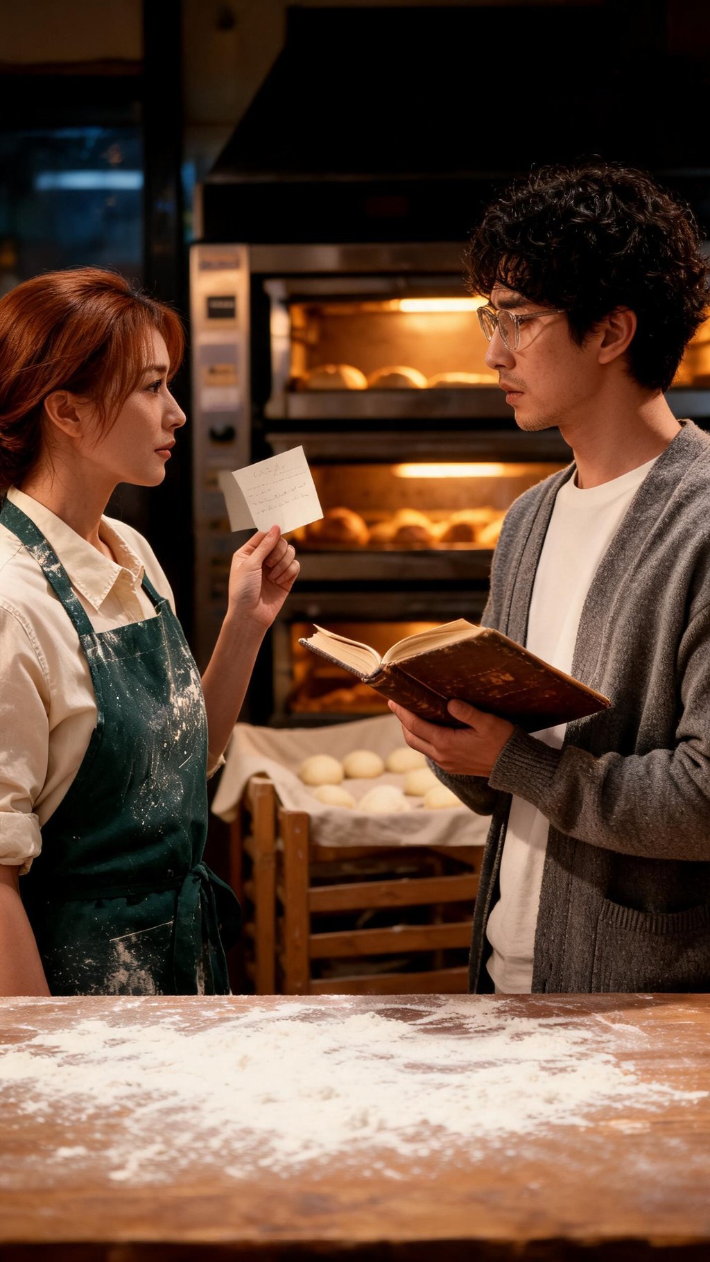 Night Bakery, episode 1: the baker holds up a folded note to her brother across the floured bakery table