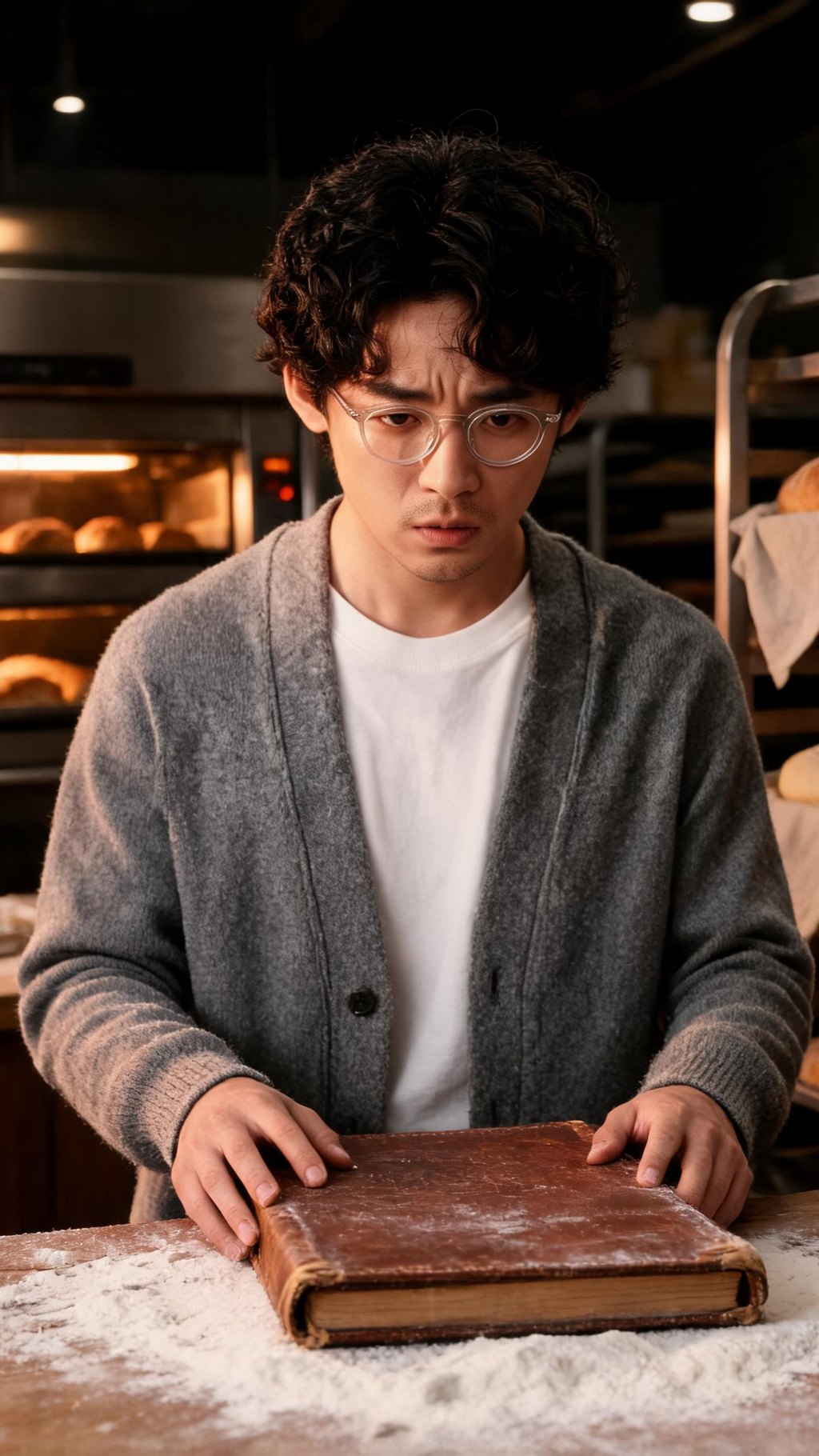 Episode 2 of Night Bakery: the brother sets the recipe book down, smoke curls from an oven door, and the brother and sister turn toward it