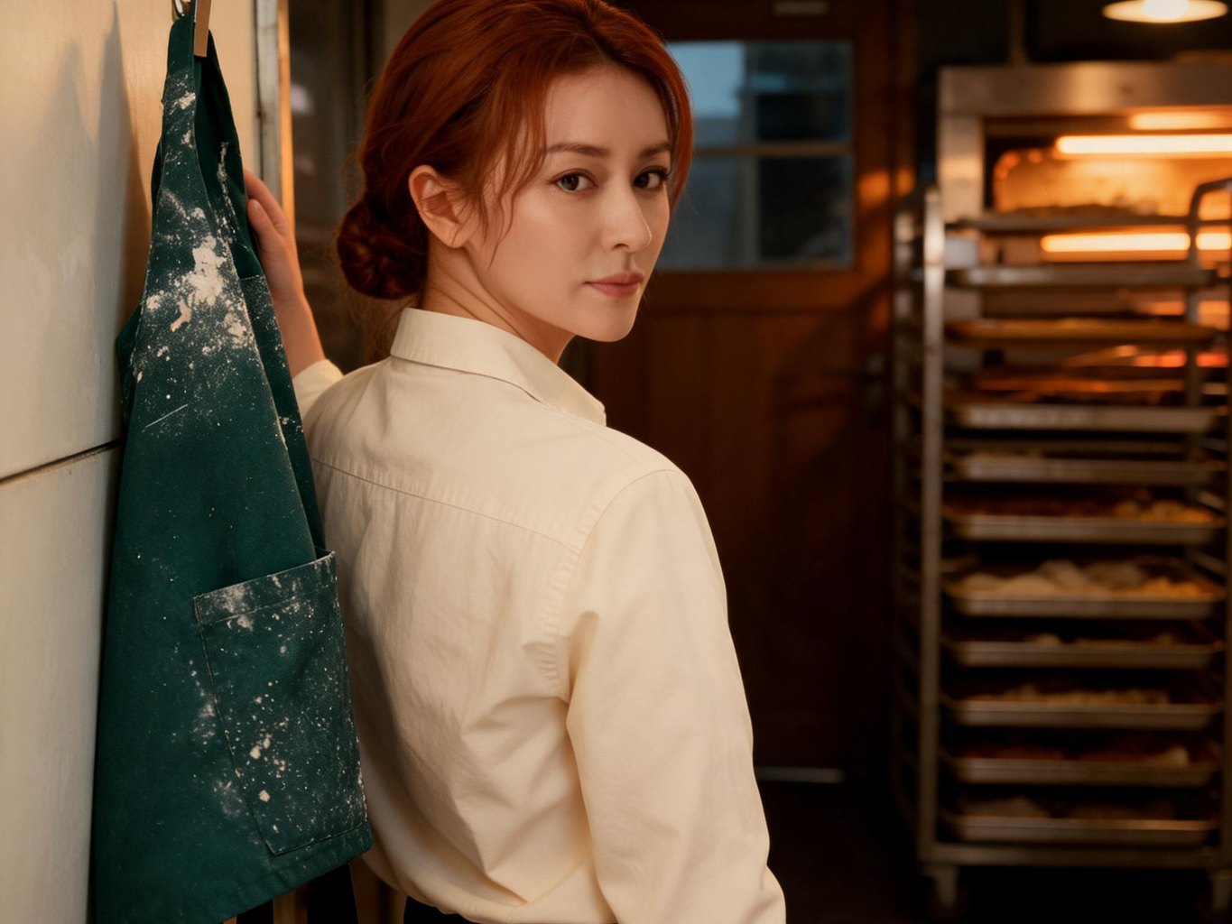 The baker before episode 2: the same woman hanging up her apron in the bakery, sleeves rolled down