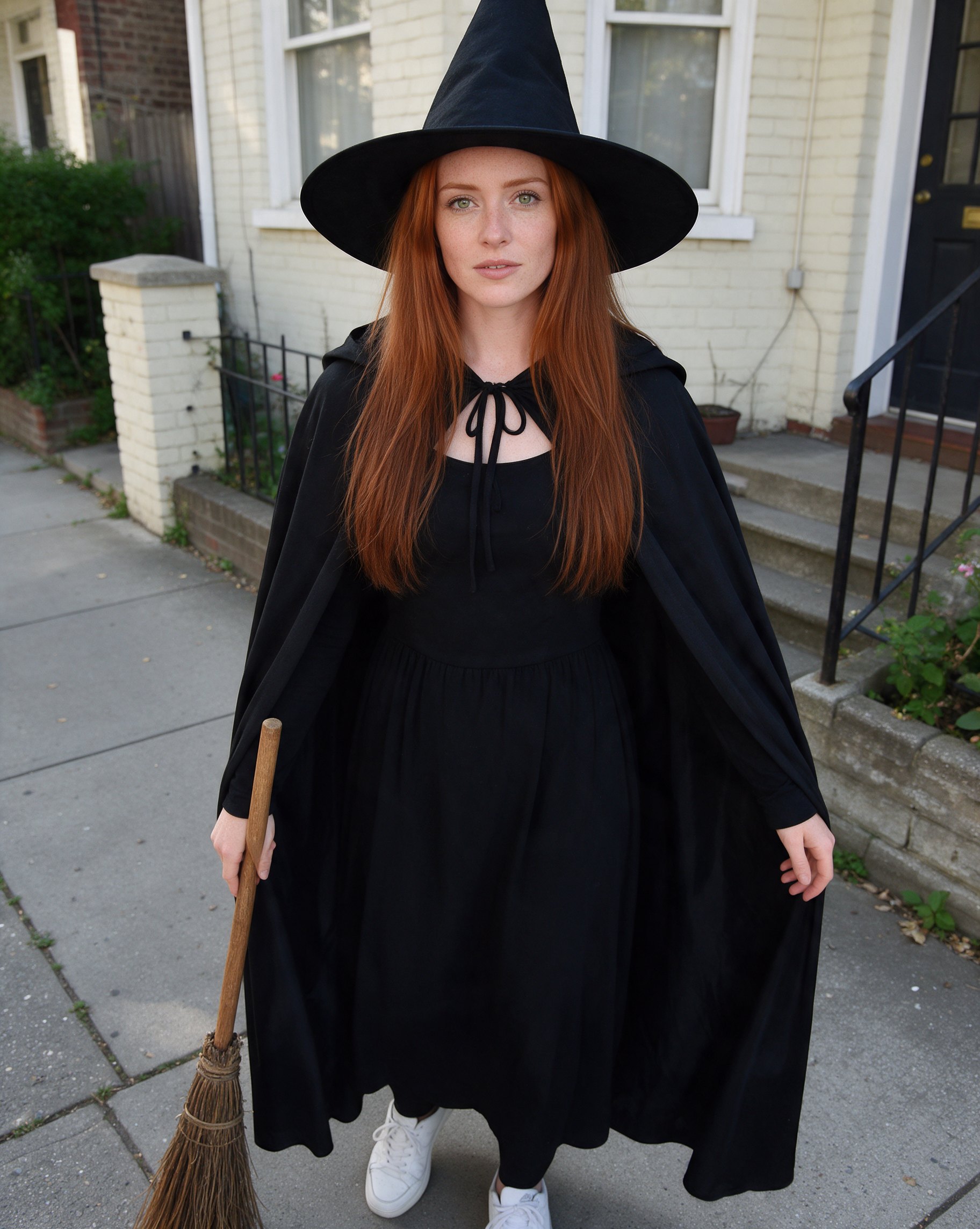 The same woman in an everyday photo and again as a classic witch after an AI Halloween costume edit