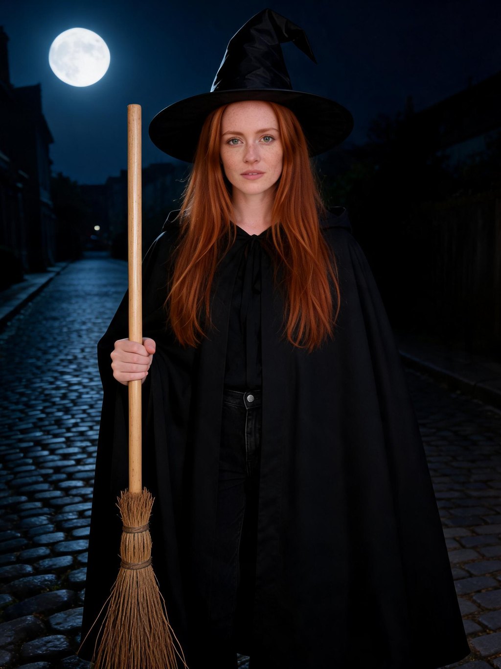 Woman in a classic witch costume with a pointed black hat and long cloak