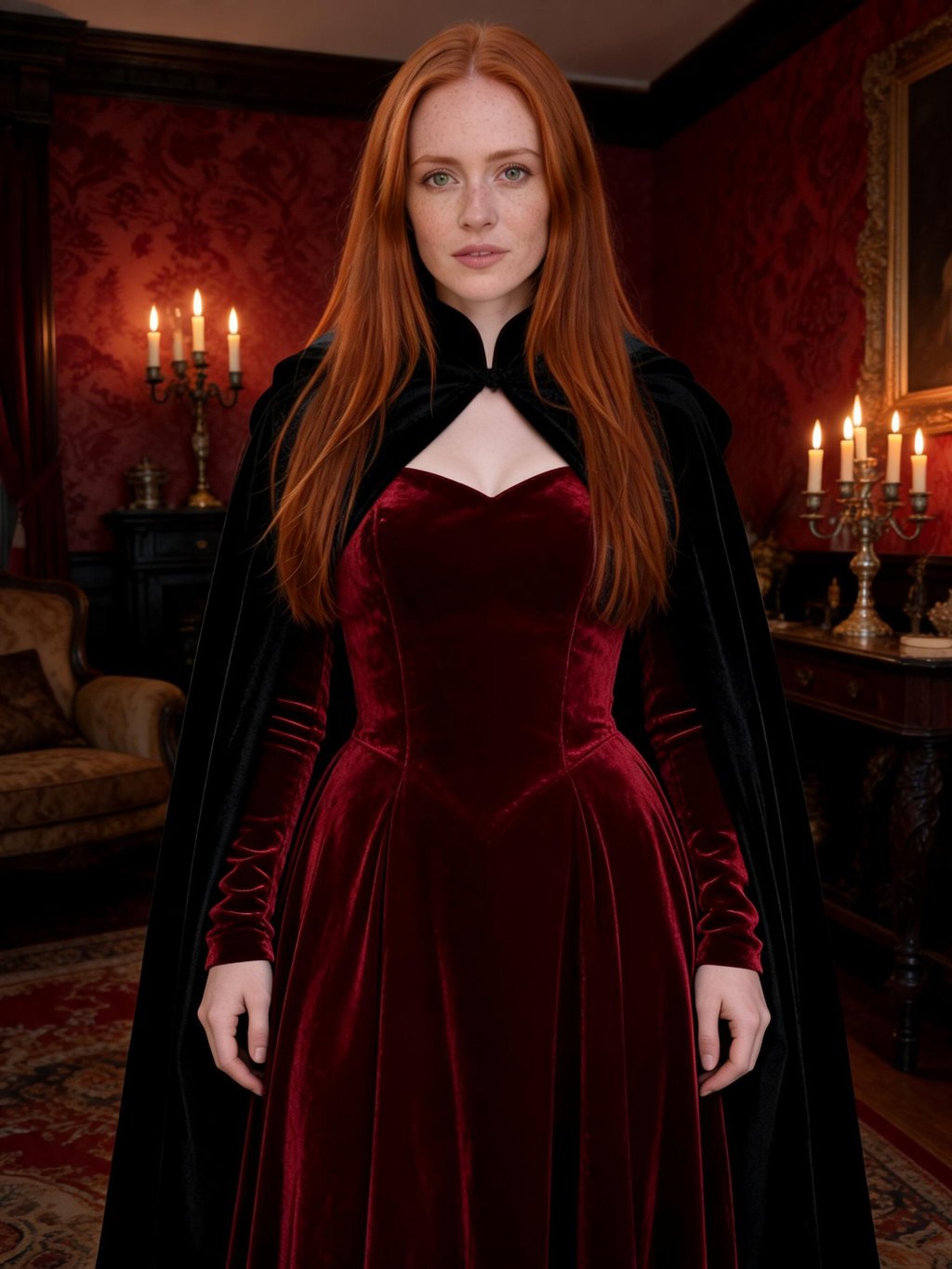 Woman dressed as a vampire countess in a high-collar red gown and dark cape
