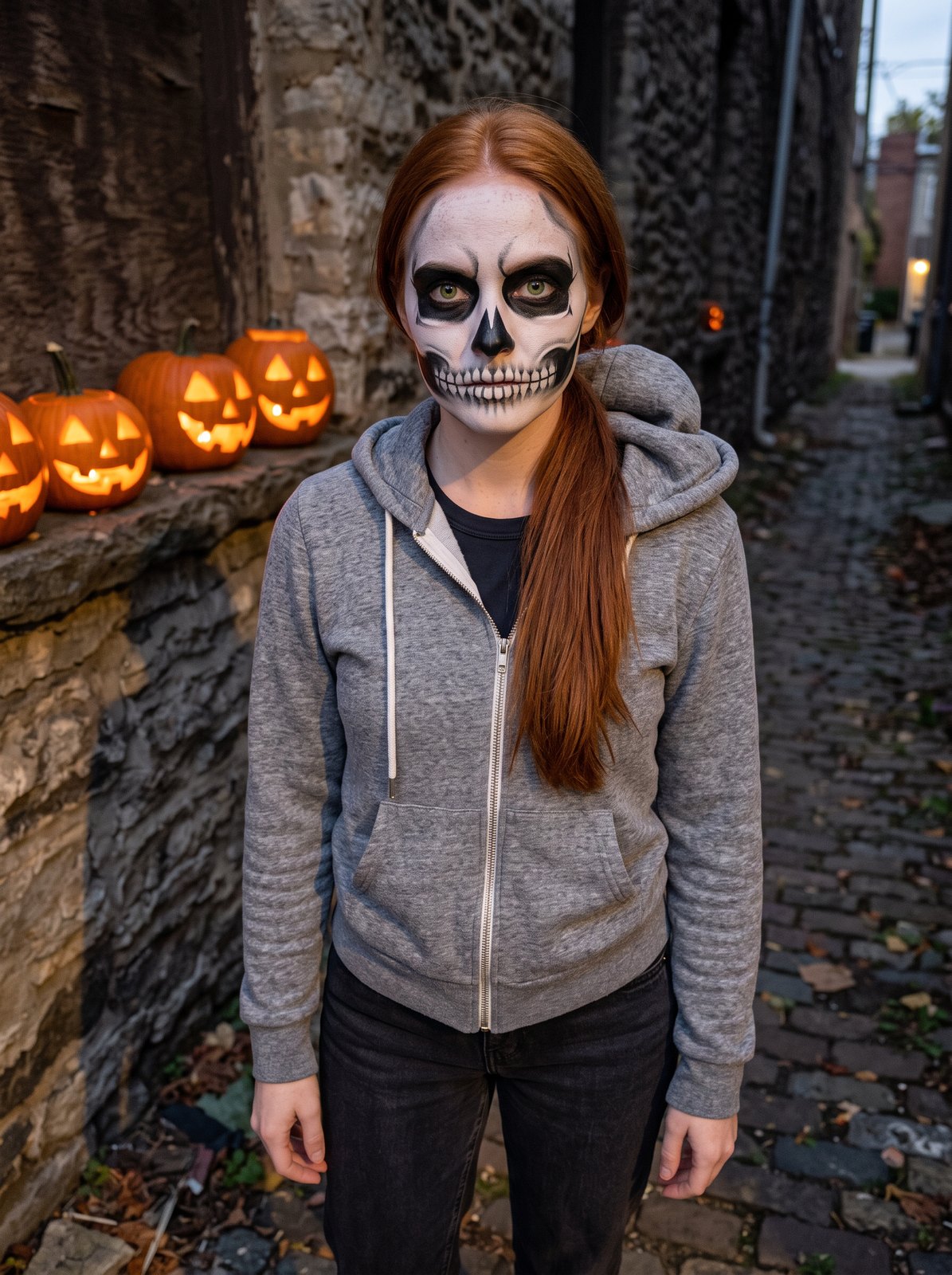 Woman with black-and-white skeleton face paint wearing a hooded jacket