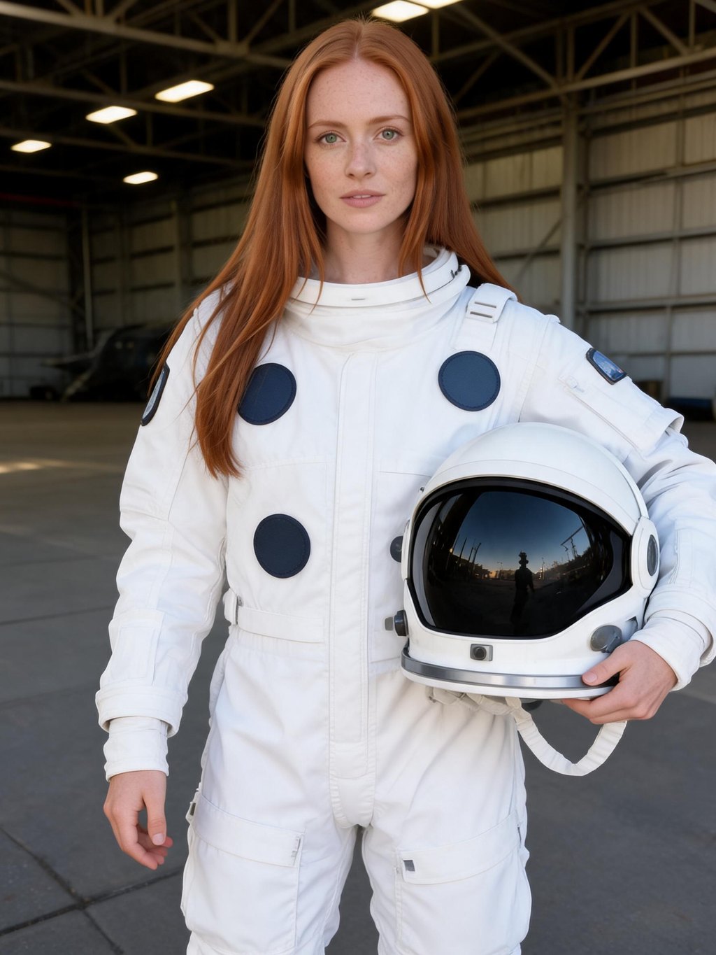 Woman in a white astronaut flight suit holding a helmet