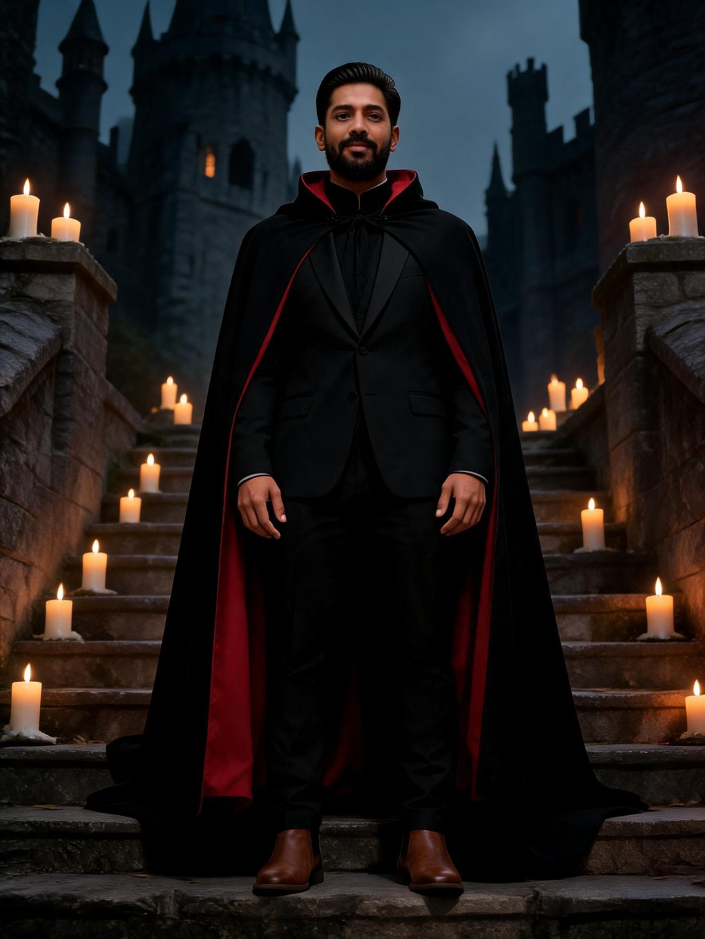 Man dressed as a vampire count in a black suit and red-lined cape