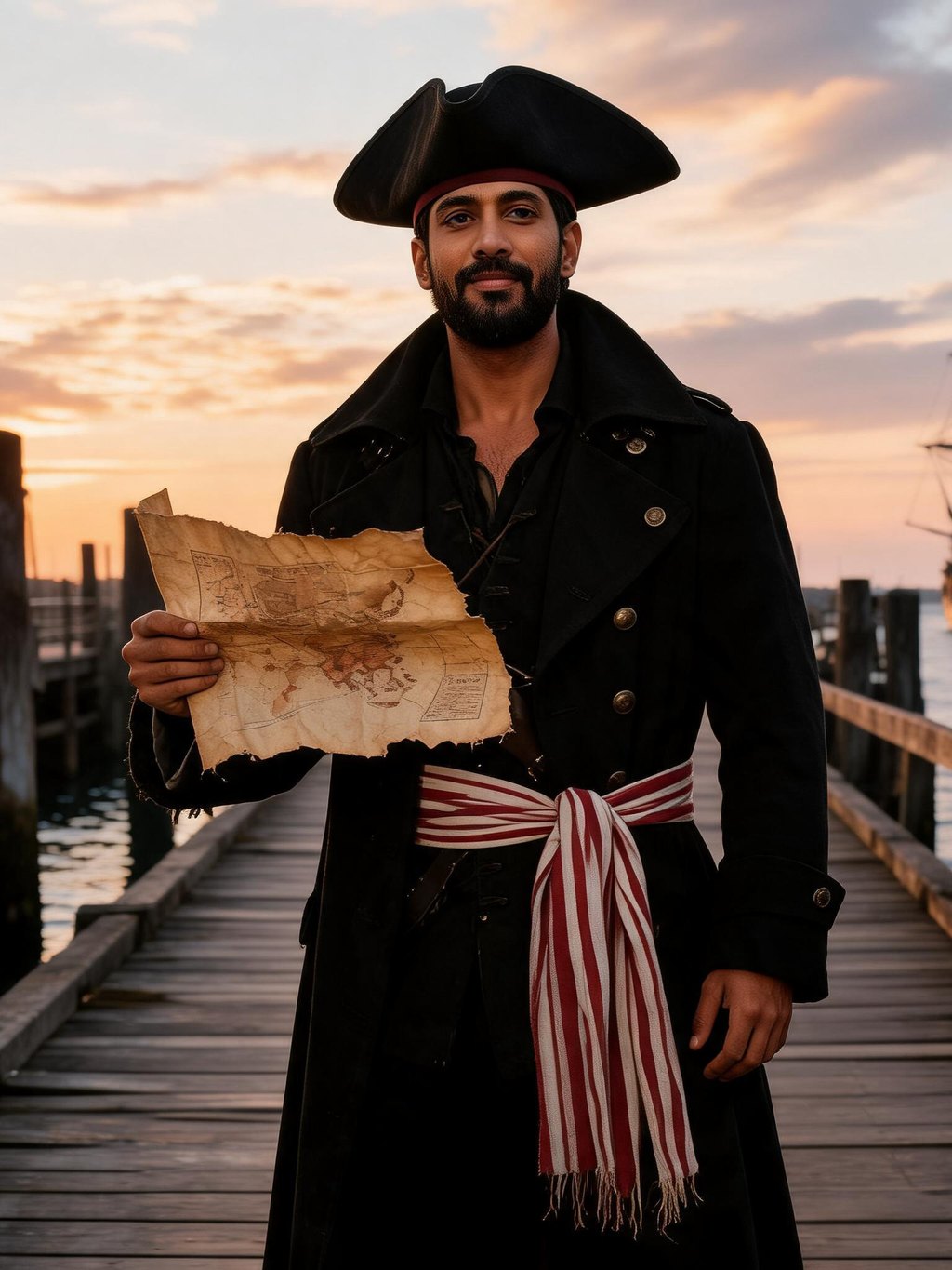 Man in a pirate captain costume with a long coat and tricorn hat