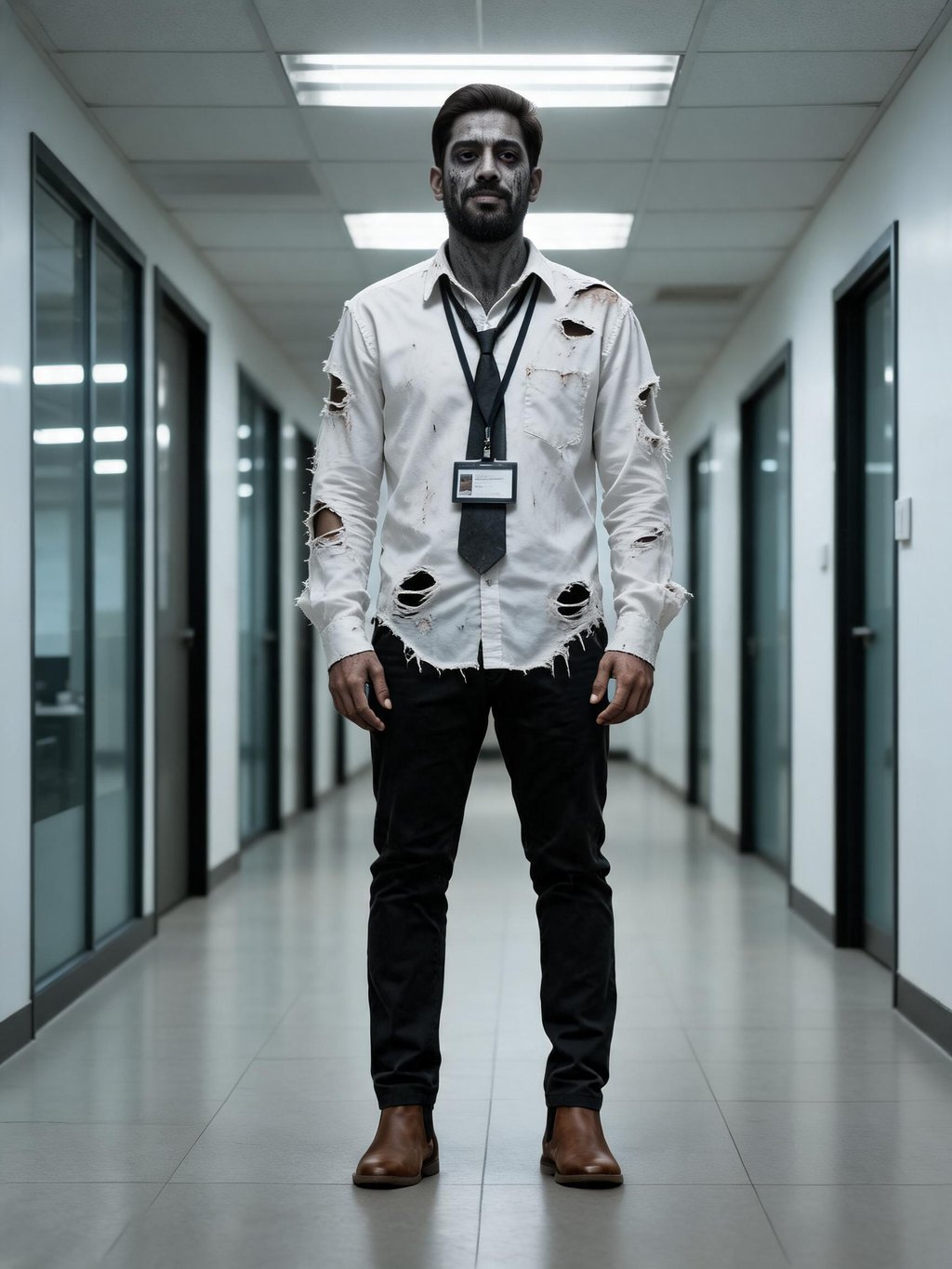 Man in a zombie office-worker costume with a torn shirt and tie