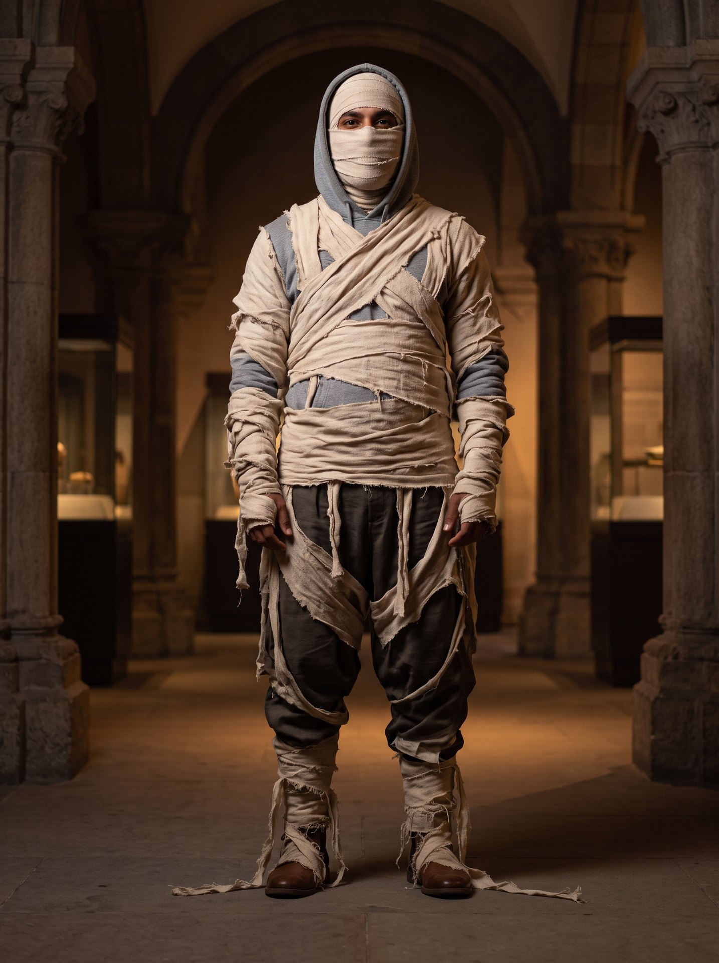 Man in a mummy costume of linen wraps over a full outfit