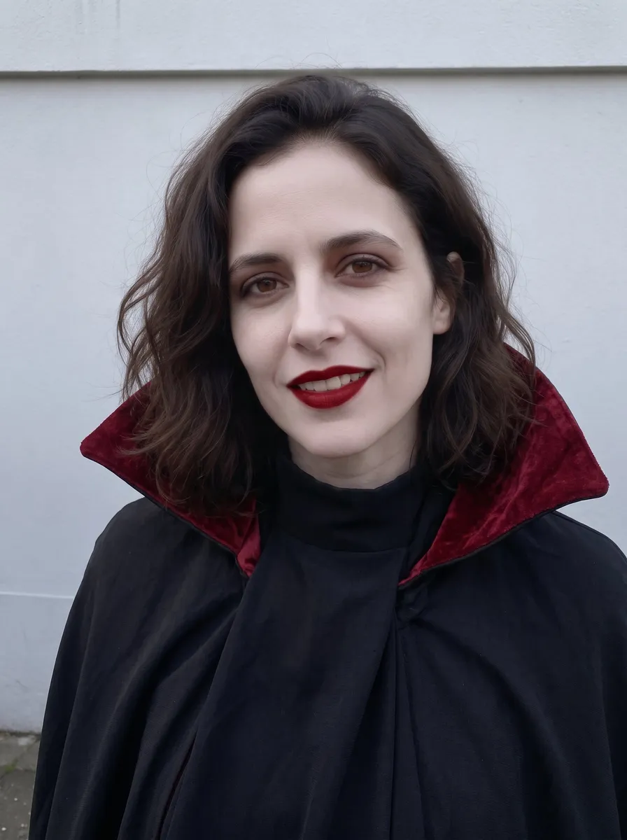 Retrato antes y después de una edición de Halloween con IA en look de vampiro gótico