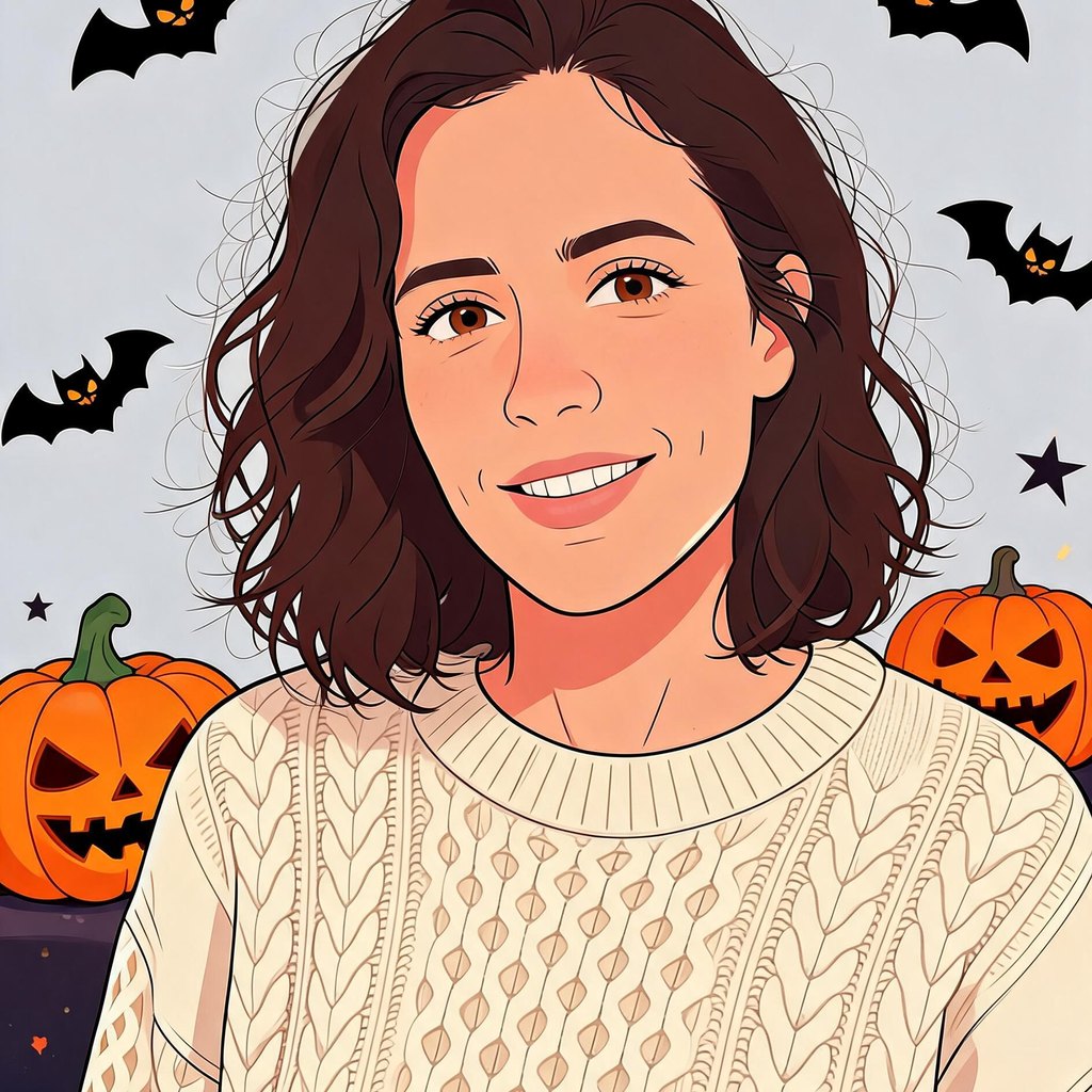 Un retrato y tres ediciones de Halloween con IA: escena entre calabazas iluminadas, look de vampiro gótico y estilo de dibujos animados de Halloween